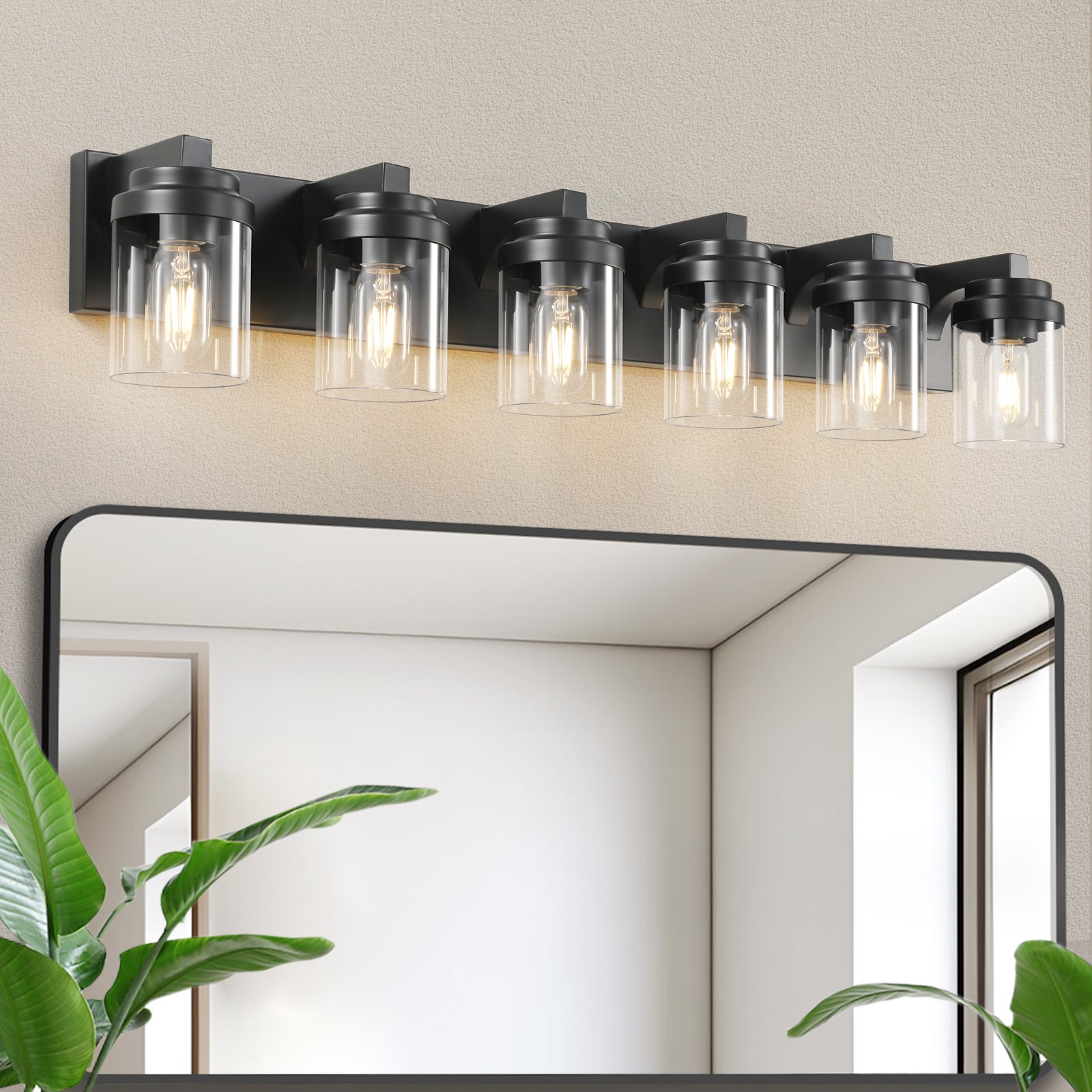 6 Light Bathroom Light Fixtures Over Mirror Bathroom Vanity Light, Black Vanity Lights with Clear Glass Shade, Modern Bathroom Light Fixtures for Bedroom, Hallway(bulbs not included)
