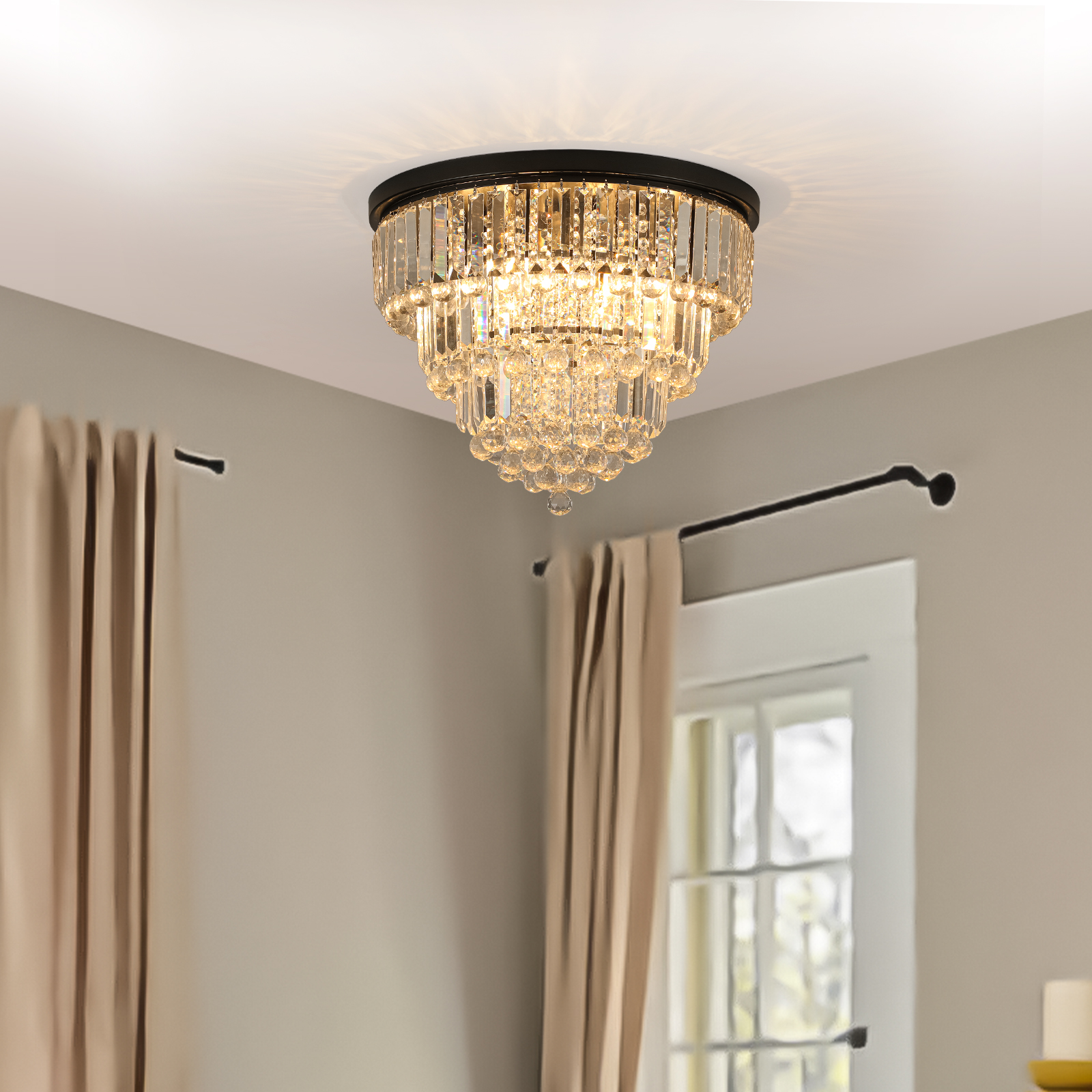 20" Luxury Crystal Flush Mount Ceiling Light with Black Finish – Elegant 6-Light Chandelier for Living Room, Dining Room, or Bedroom (Bulb Not Included)