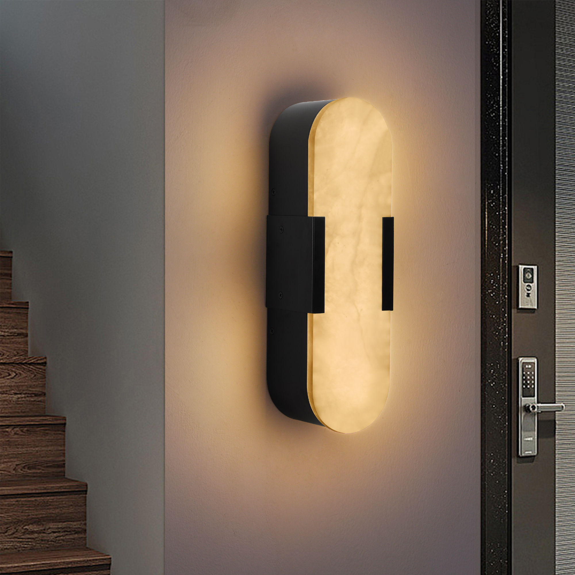 13.8" Natural Marble Wall Sconce, Black Sconces Set of Two, Indoor Modern Bathroom Sconces Wall Lighting for Living Room, Bedroom, Hallway, Stairs