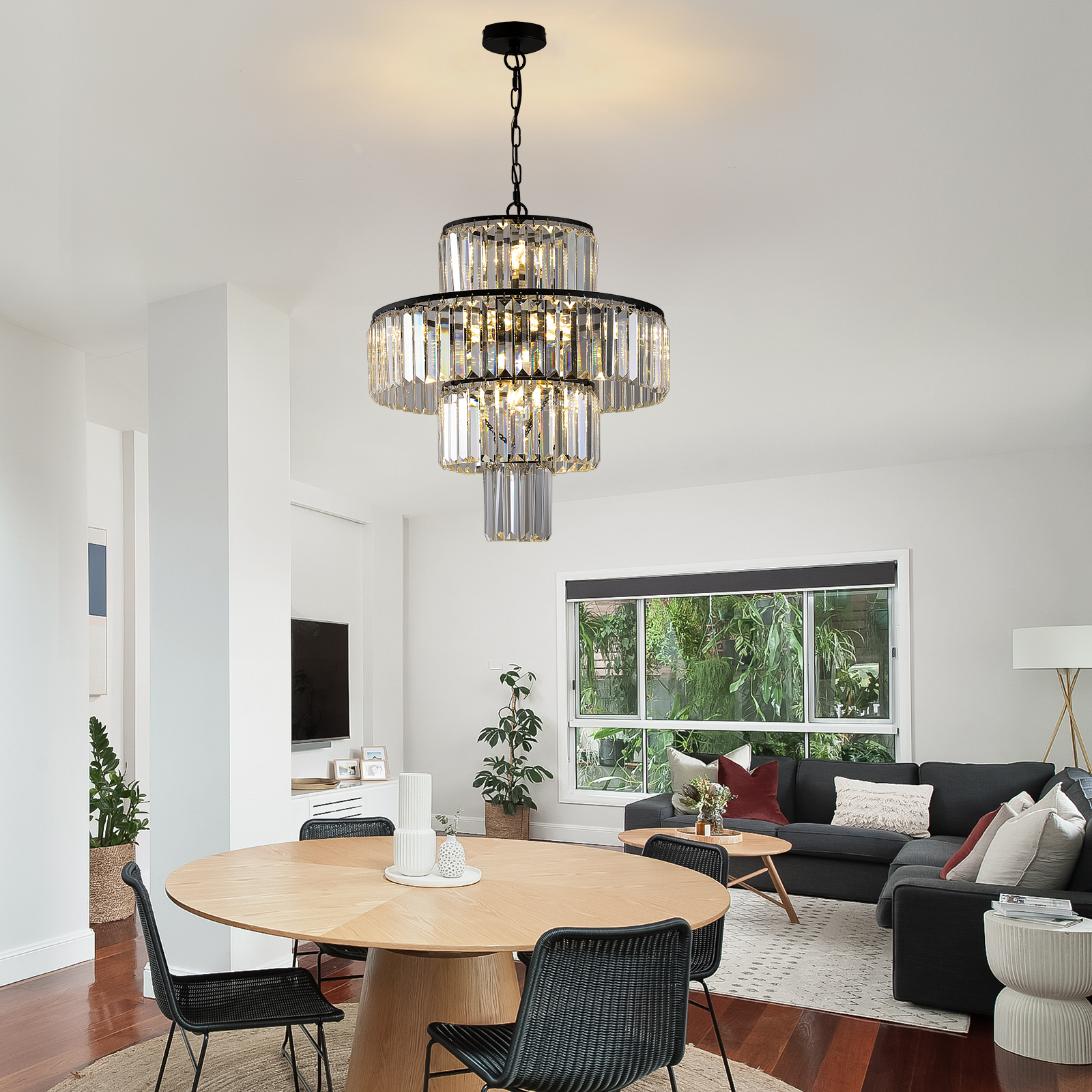 20" Modern Crystal Chandelier with Black Finish, 4-Tier Design for Dining Room or Living Room, Elegant Crystal Pendant Light Fixture (Bulb Not Included)