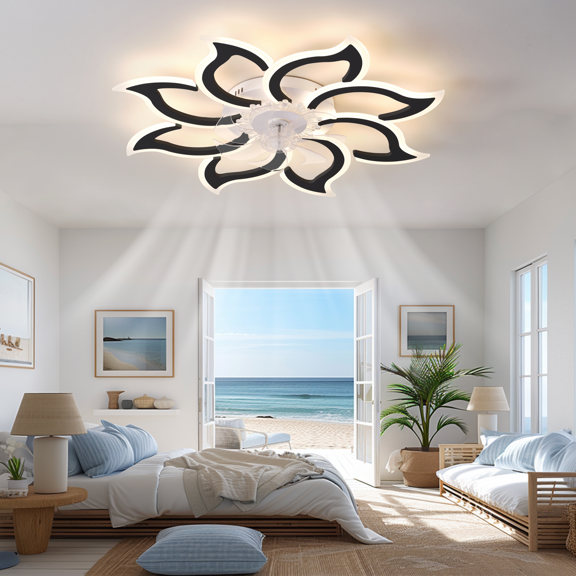 37In Black Ceiling Fan with Lights, Remote Control 3 Color Temperatures,6 Gear wind Speed Fan Light