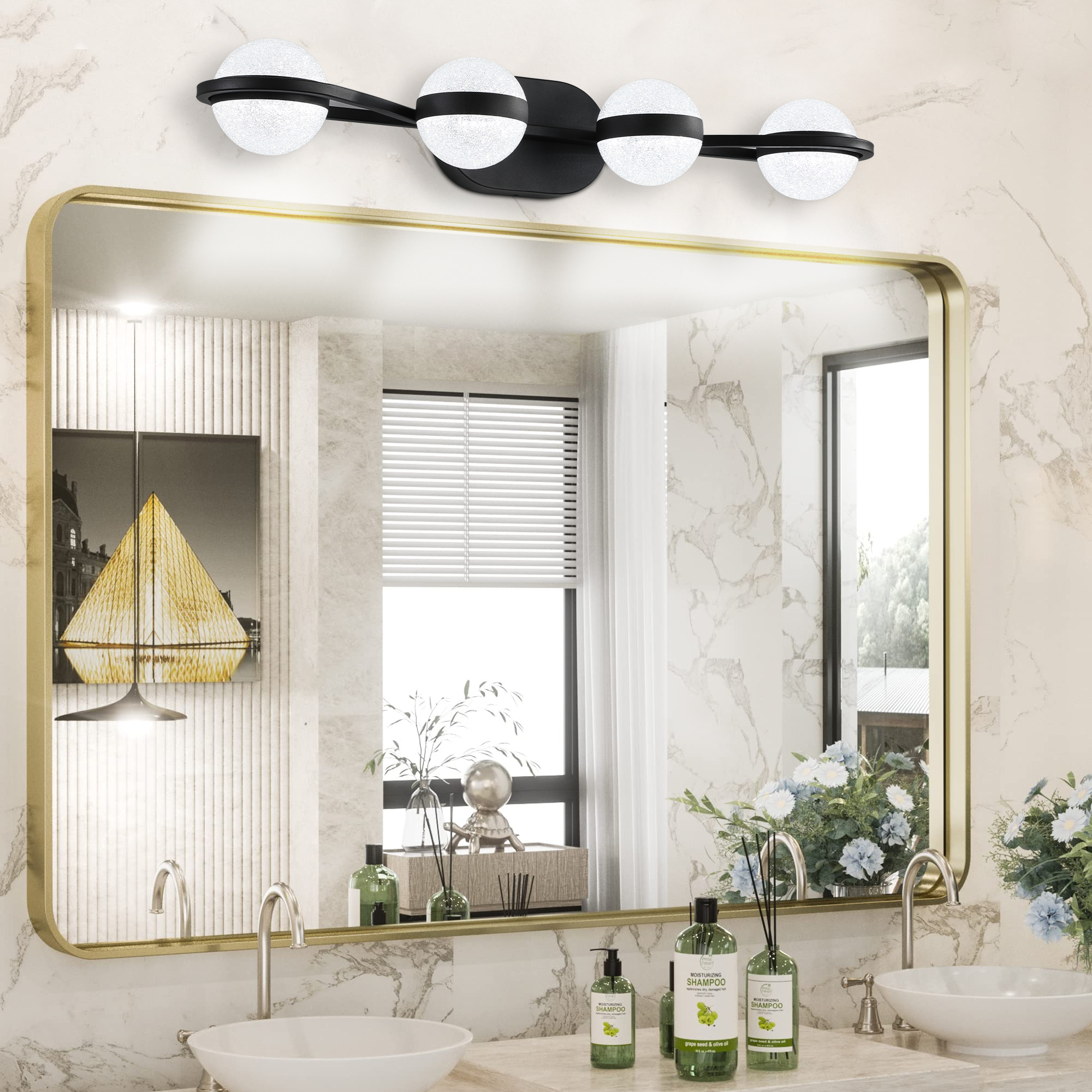 (Same as W1340P143677/L2001-B-4) 30" Black Minimalist LED Bathroom Vanity Light with Crystal Sand Acrylic Shades, 4-Light Wall Mounted Decorative Lighting Fixture, Suitable for Bathroom Vanity Mirror
