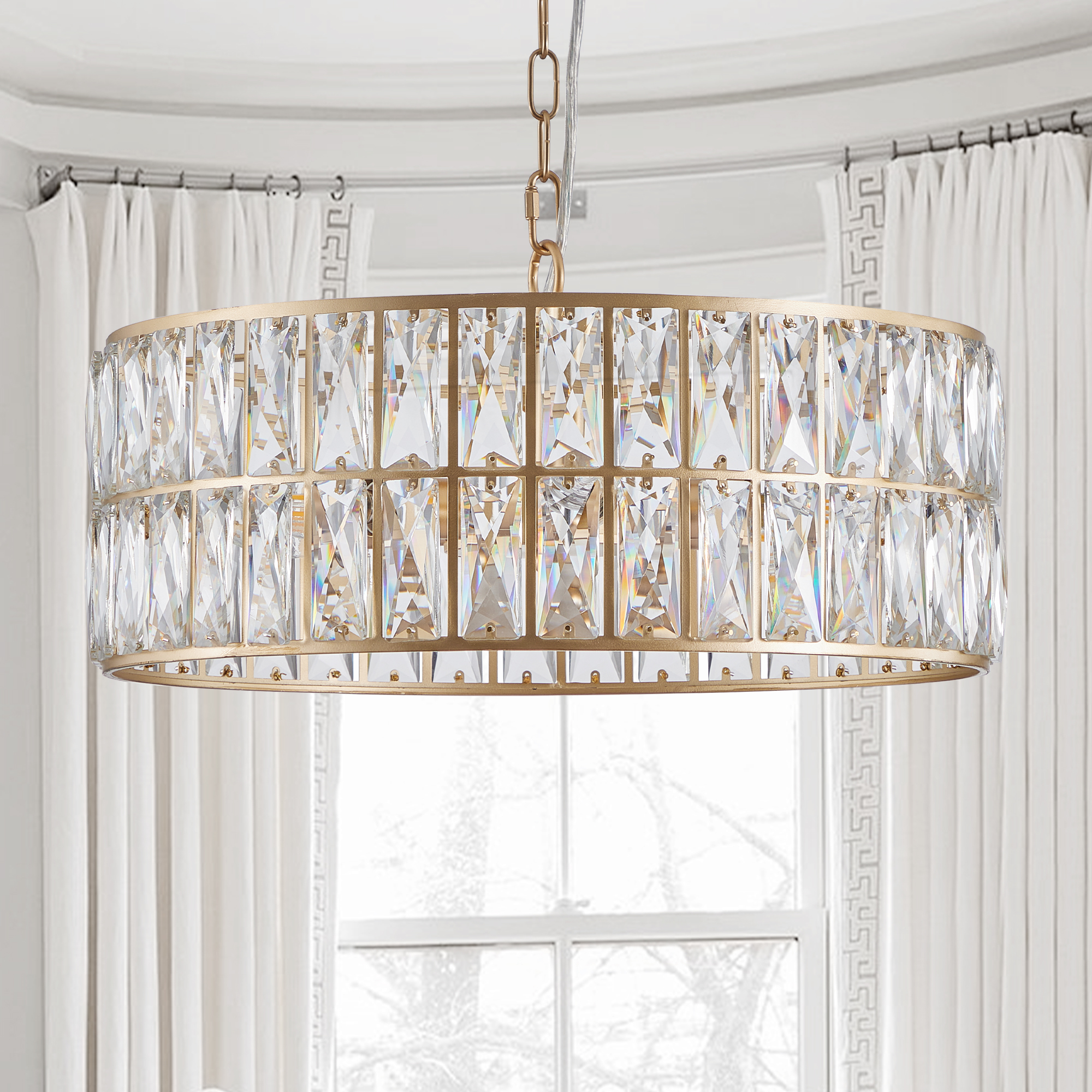 (L5025-450-G/W1340P189450)18" Golden Modern Crystal Drum Chandelier, 6-Light Pendant Lighting Fixture with Metal Frame for Living Room, Dining Room, and Bedroom (Bulbs Not Included)