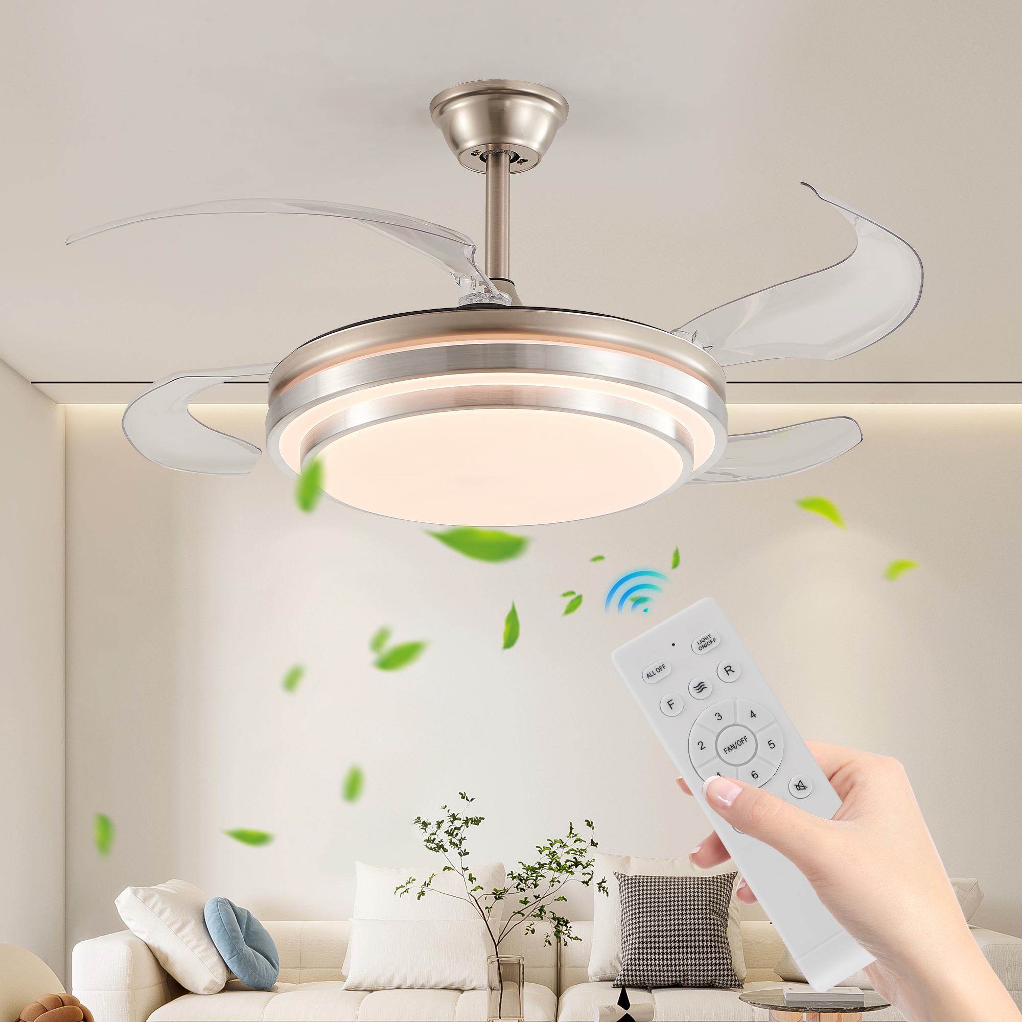 42 Inch 3 Tiers Design Modern LED Ceiling Fan with Light and Remote Control, Retractable Blades, Adjustable 6-Speed, Silent Operation DC Motor for Living Room, Bedroom, Dining Room