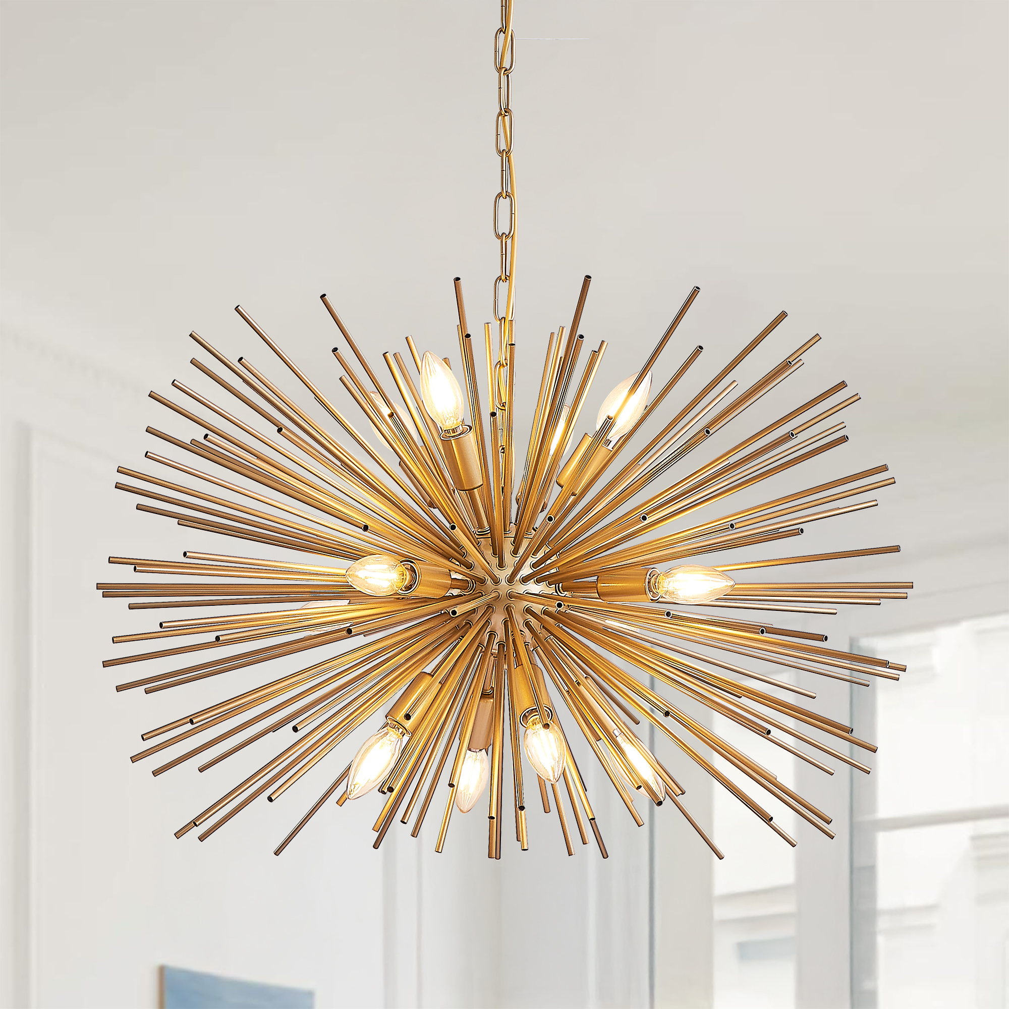 29" Mid-Century Modern 12-Light Starburst Chandelier – Gold Sputnik Pendant Light Fixture for Living Room, Dining Room, or Foyer (Bulb Not Included)