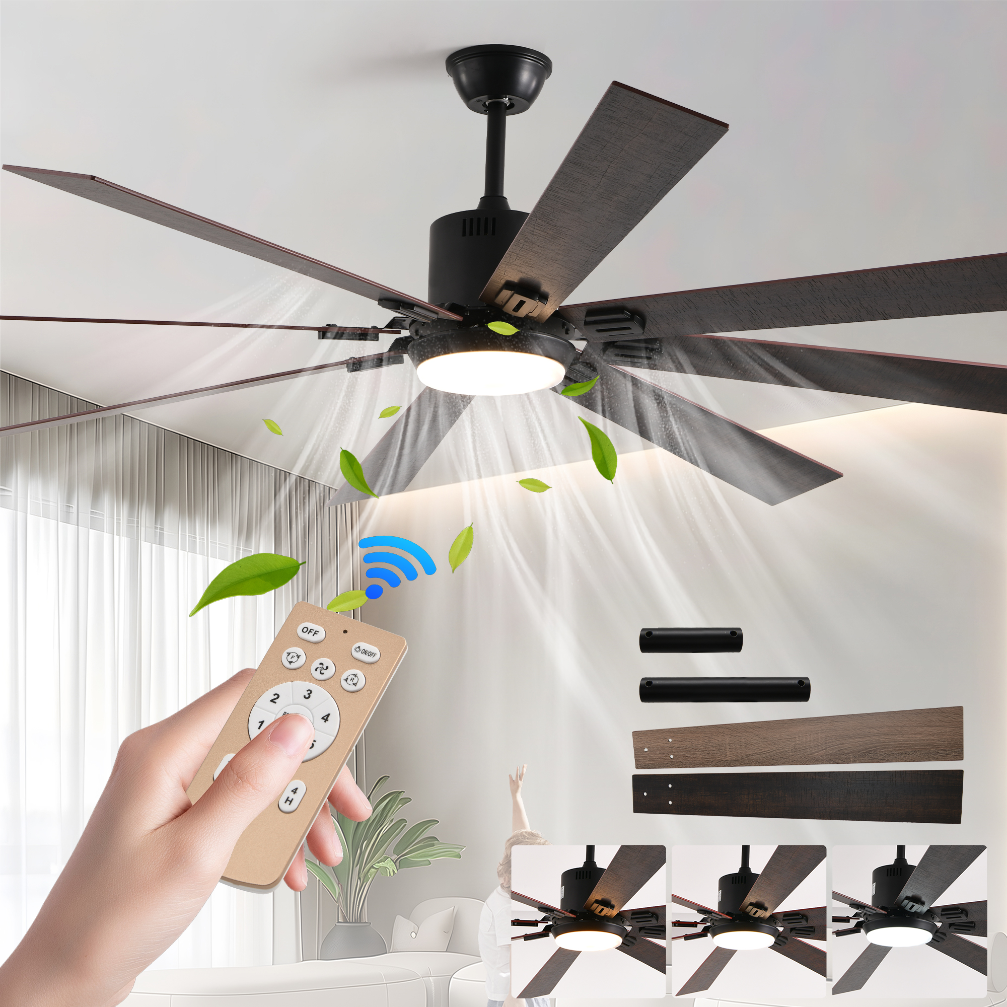 72" Walnut LED Ceiling Fan Light with 8 Wooden Blades, Remote Control, Adjustable Color Temperature for Living Room, Bedroom, or Dining Room (Silent/6-Speed/Reversible/DC Motor)