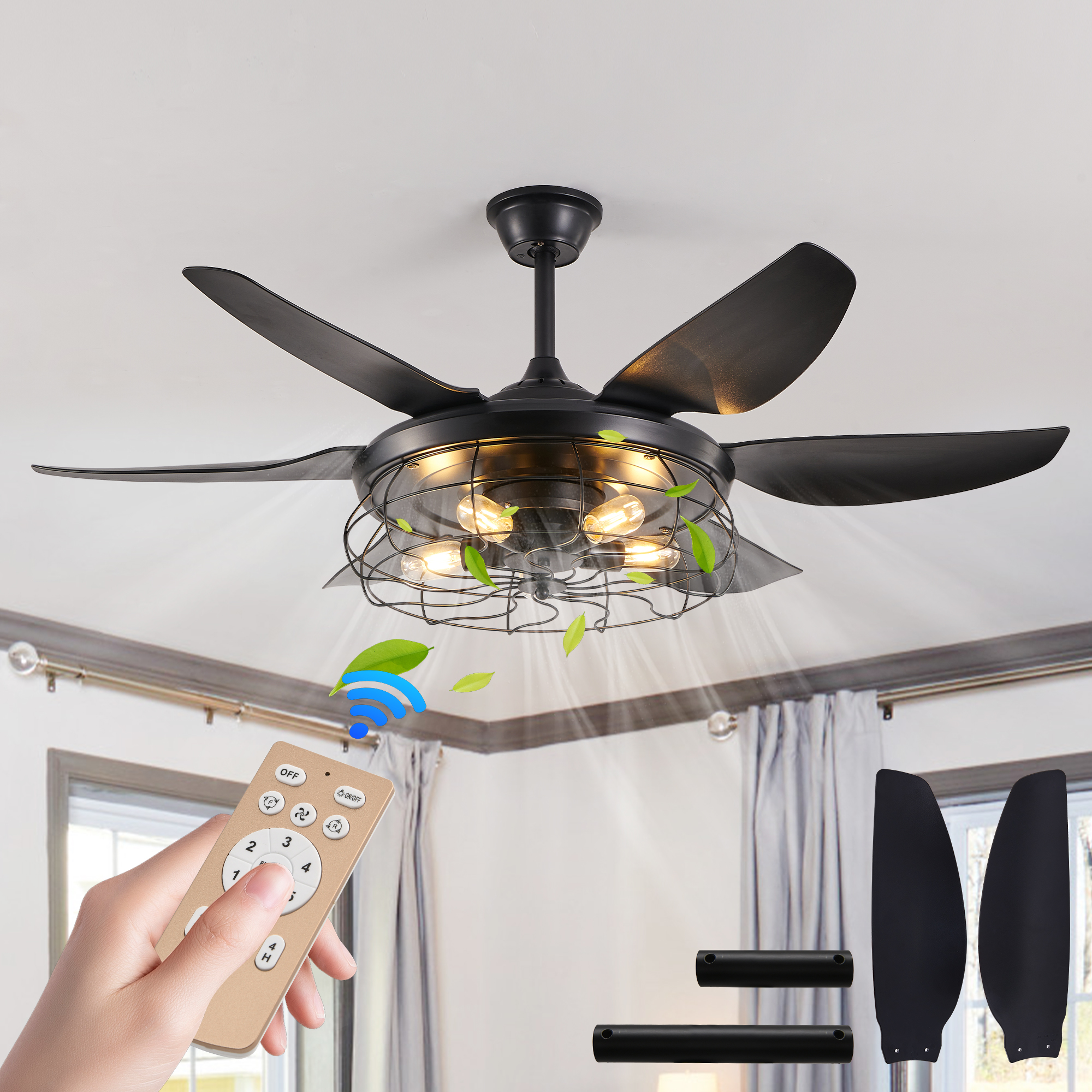 52" Modern Black Ceiling Fan with Light, 6 Fan Blades and Industrial Cage Design, Adjustable Speed for Living Room, Bedroom, Dining Room (Silent/6-Speed/Reversible/DC Motor) (Bulb Not Included)