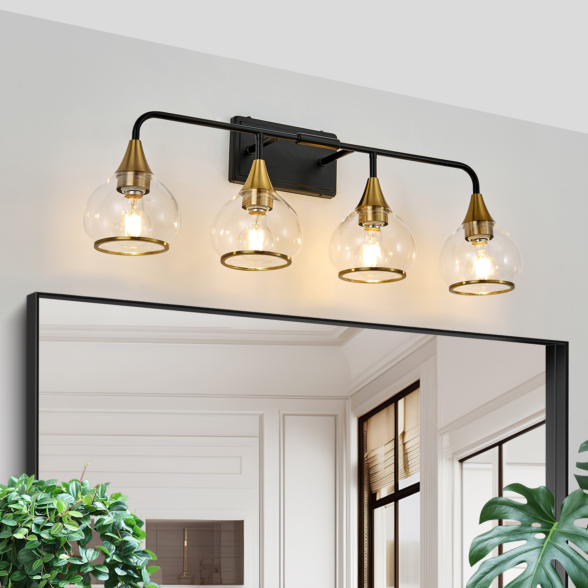 31" Modern 4-Light Vanity Wall Sconce - Black and Gold Bathroom Light Fixture with Clear Glass Shades, Industrial Wall Mounted Lamp for Mirror, Vanity, and Living Spaces (Bulb Not Included)