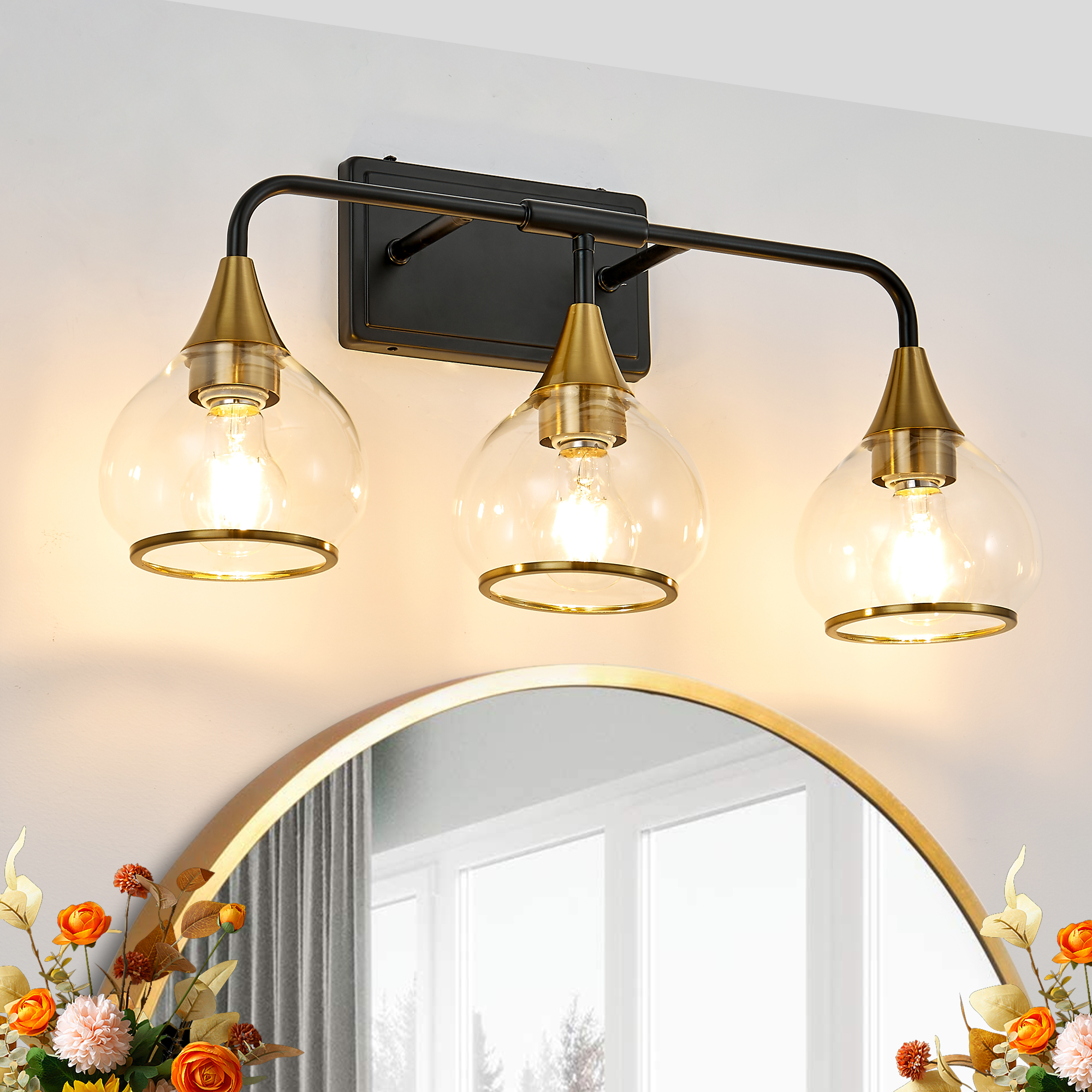 23" Modern 3-Light Vanity Wall Sconce - Black and Gold Bathroom Light Fixture with Clear Glass Shades, Industrial Wall Mounted Lamp for Mirror, Vanity, and Living Spaces (Bulb Not Included)