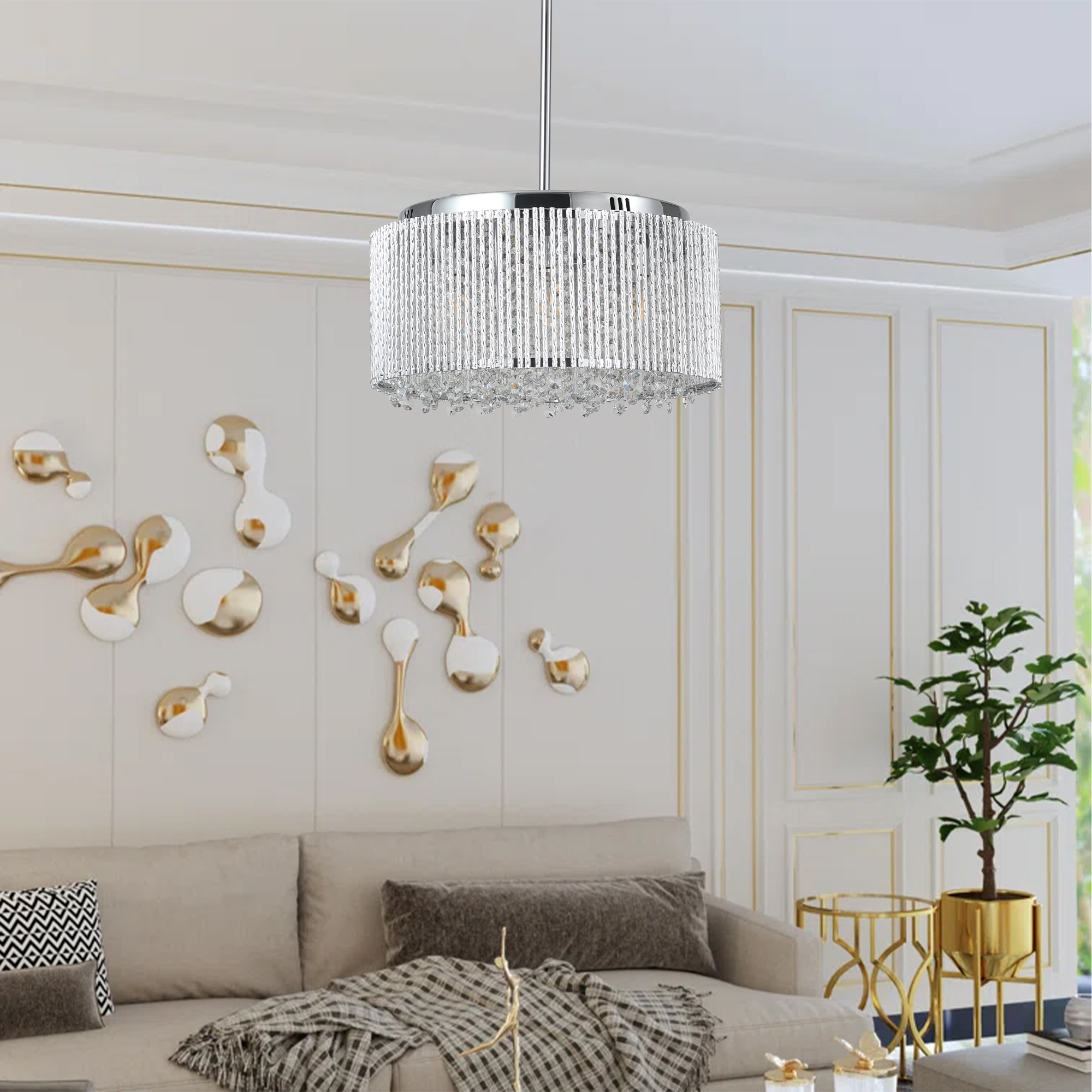 16" Elegant Crystal Pendant Chandelier with Chrome Finish – 7-Light Drum Light Fixture with Clear Crystal Strands for Dining Room, Living Room, or Bedroom (Bulb Not Included)