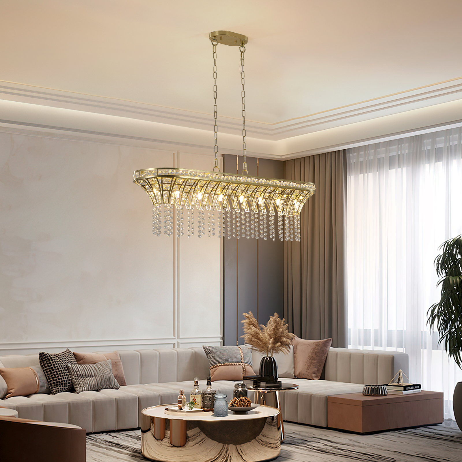39" Modern Crystal Linear Rectangle Chandelier with Gold Finish, Elegant Pendant Light with Cascading Beads, for Dining Room, Living Room, or Foyer (Bulb Not Included)