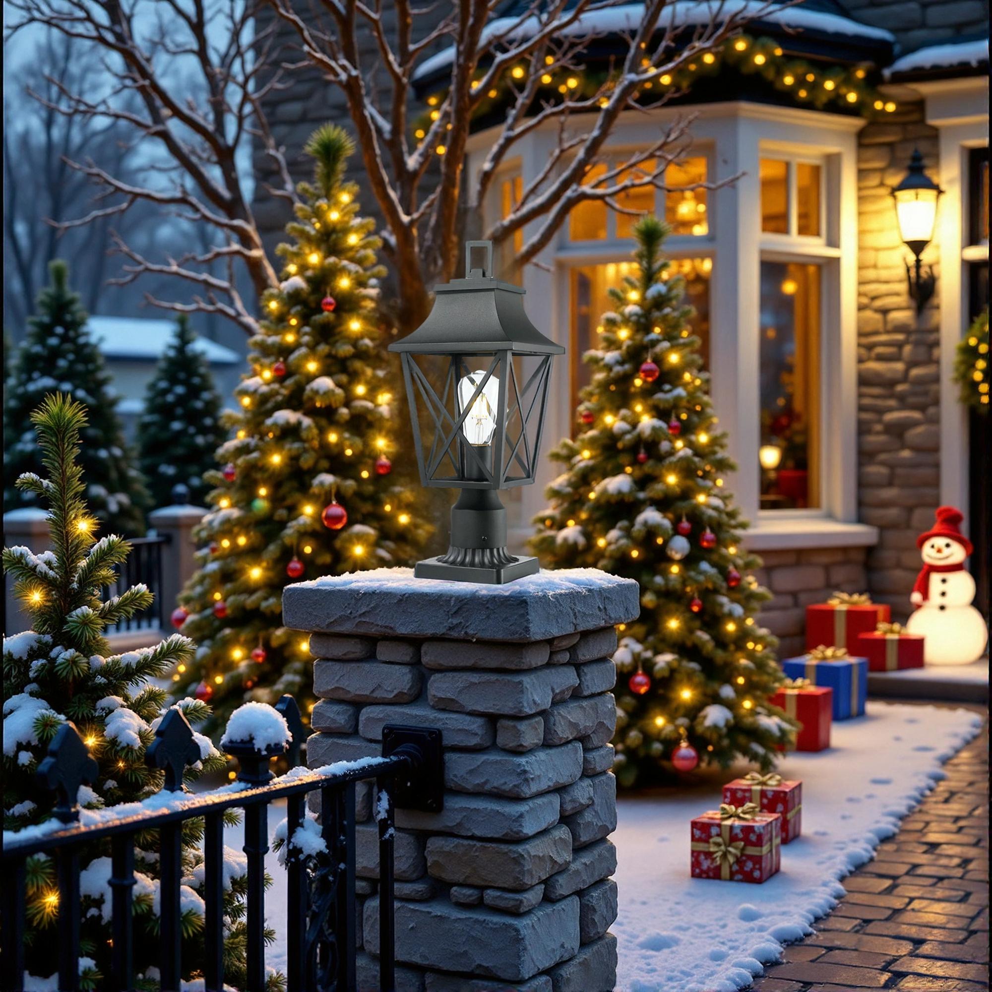 Outdoor Post Light, Black Pole Lantern Lighting Fixture with Pier Mount Base Hard Wired, Outdoor Column Lights Exterior Lamp Post Lantern with Glass for Garden Yard Patio Path (2 pack)