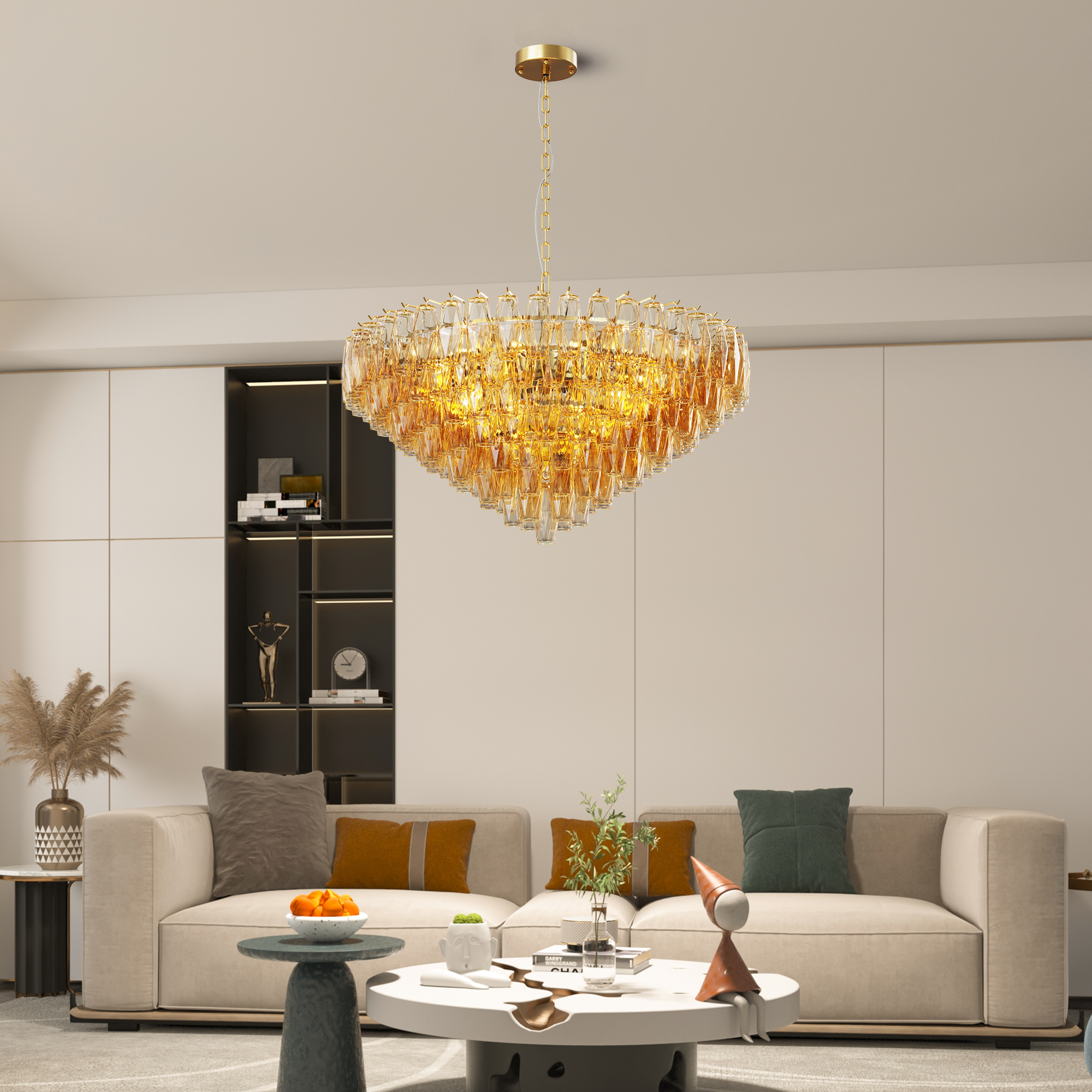 37" Extra Large Chandelier, 14-Light Gold Modern Round Chandelier for Living Room, Tiered Smoke Blown Glass Brass Chandeliers, Hanging Light Fixture for Bedroom, Dining Room, Foyer, Entryway