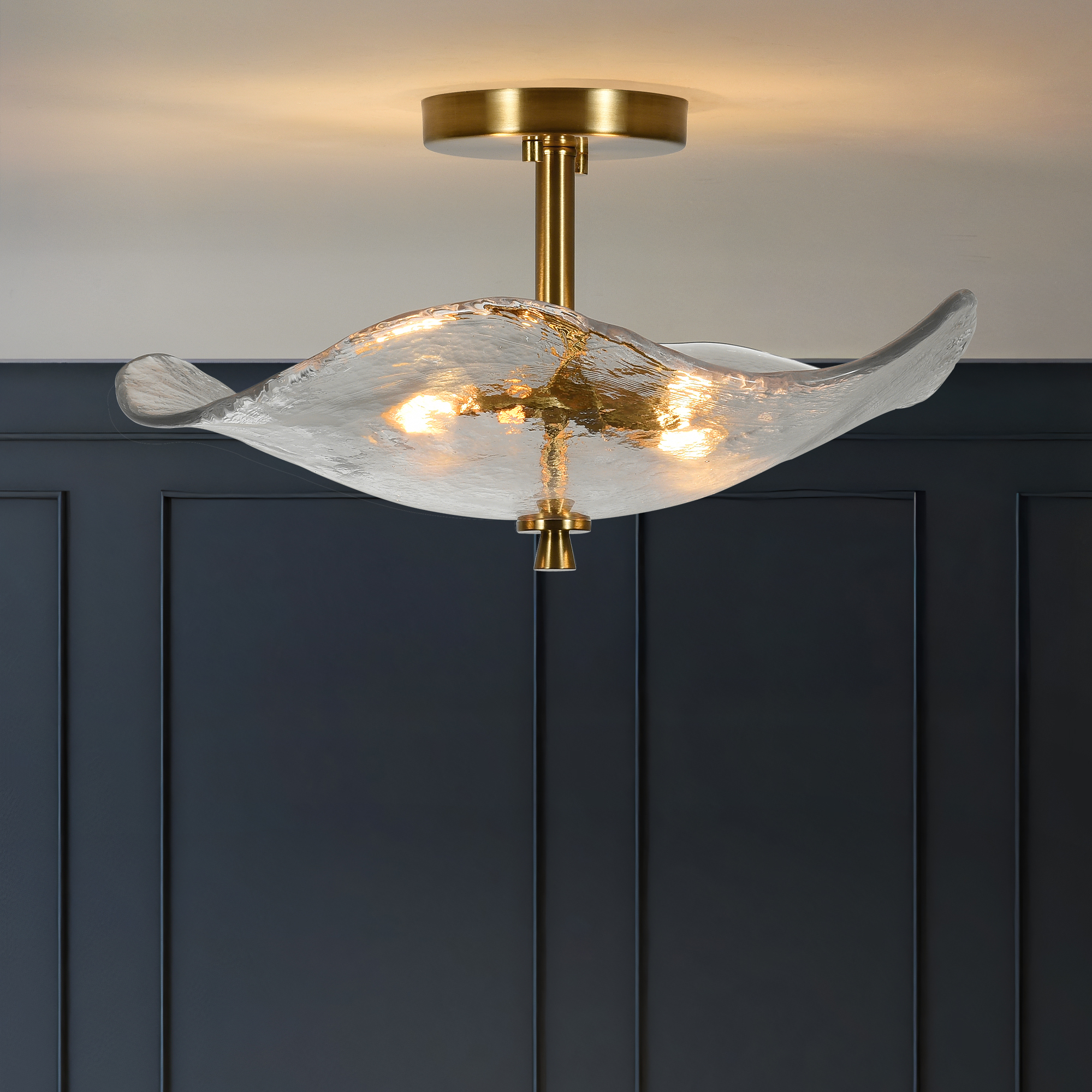 16.5" Glass Semi Flush Mount Ceiling Light Fixture, 2-Lights Close to Ceiling Light, Modern Gold Ceiling Light Fixture for Bedroom Bathroom Hallway Entryway Kitchen Dining Room