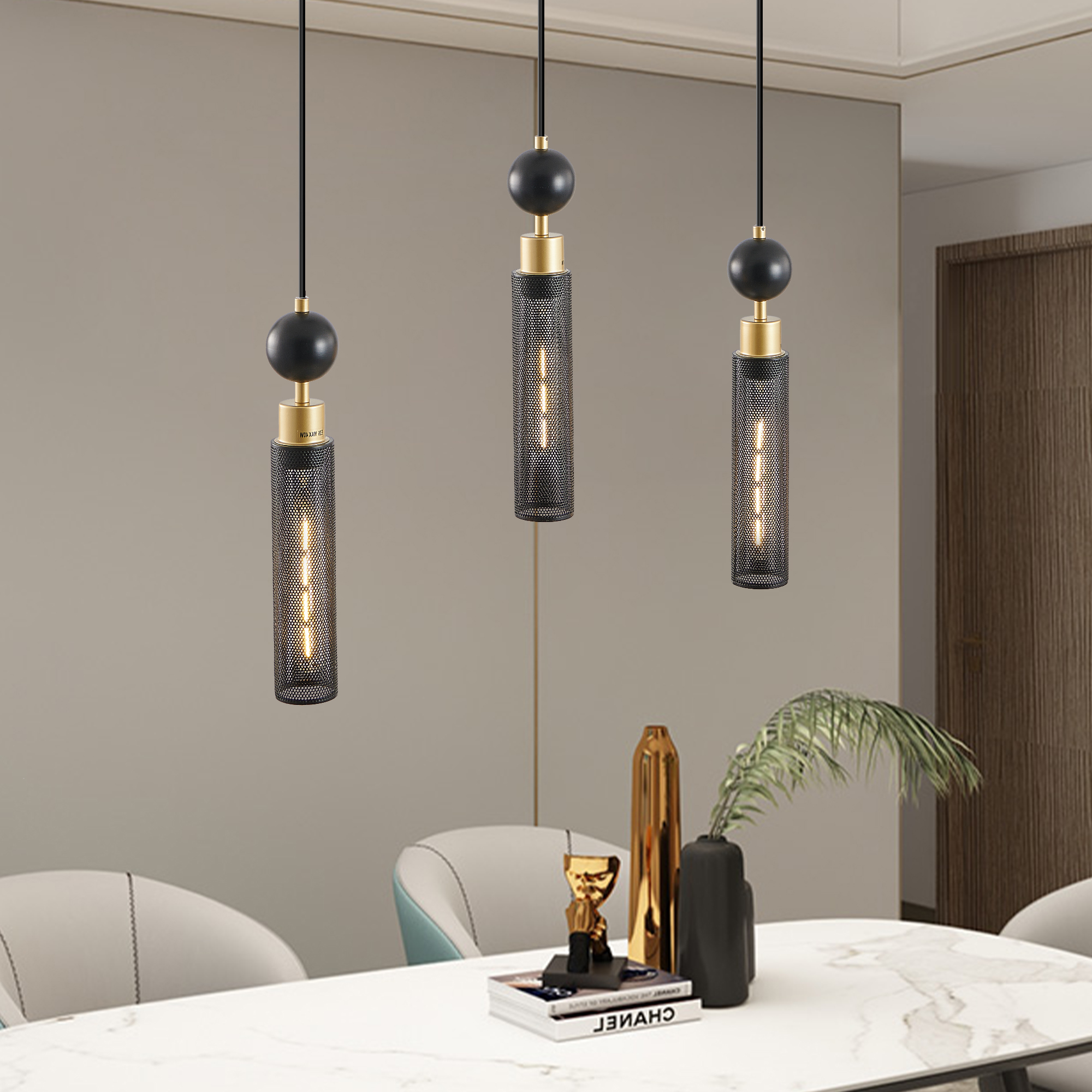 25" Modern Black and Gold 3-Light Pendant Chandelier, Adjustable Hanging Lights with Cylindrical Mesh Shades, E26 Base, Ideal for Dining Room, Kitchen Island, or Living Room Lighting (No Bulbs)