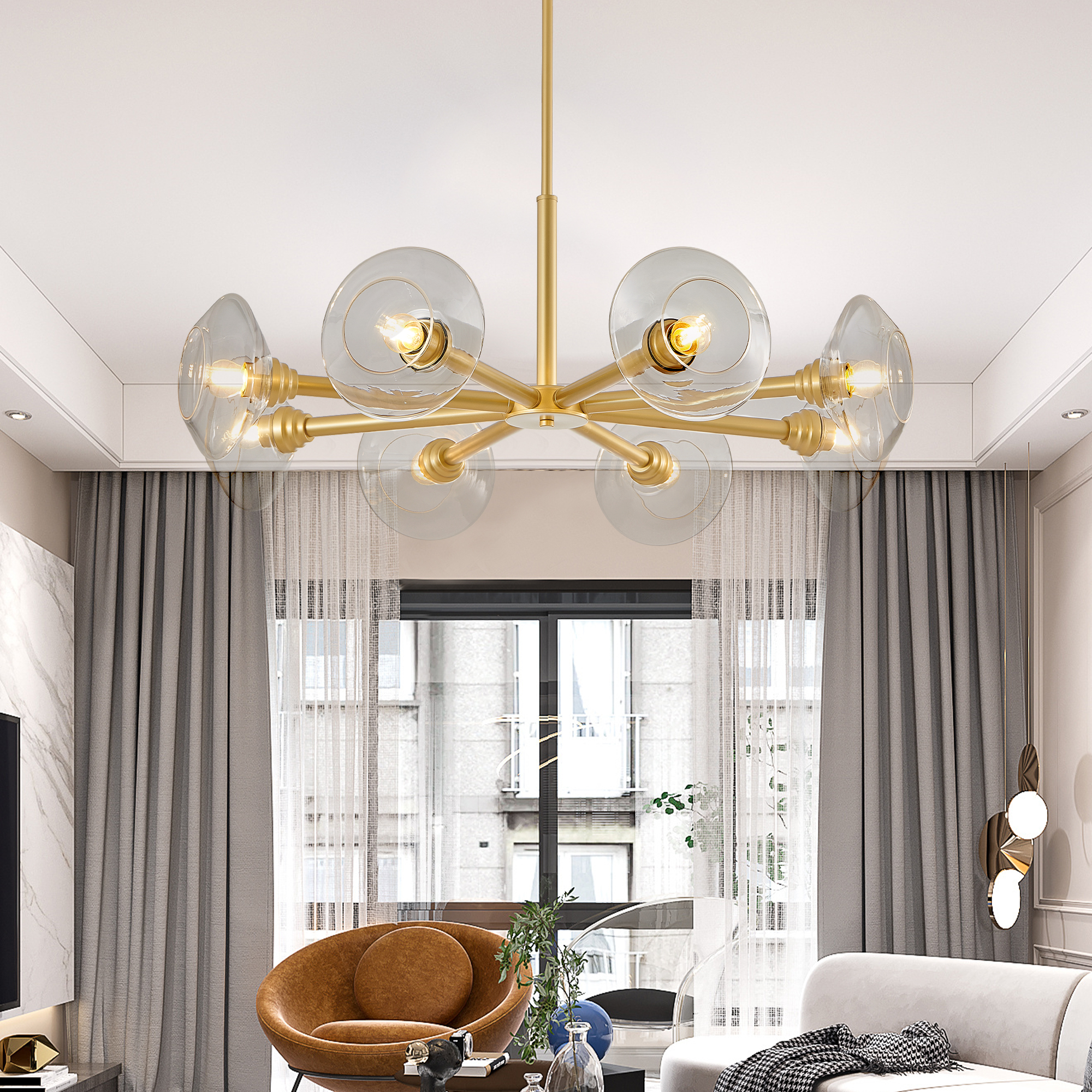 36" Modern Gold 8-Light Sputnik Chandelier with Clear Glass Shades, Mid-Century Hanging Pendant Light Fixture for Dining Room, Living Room, or Kitchen (Bulb Not Included)