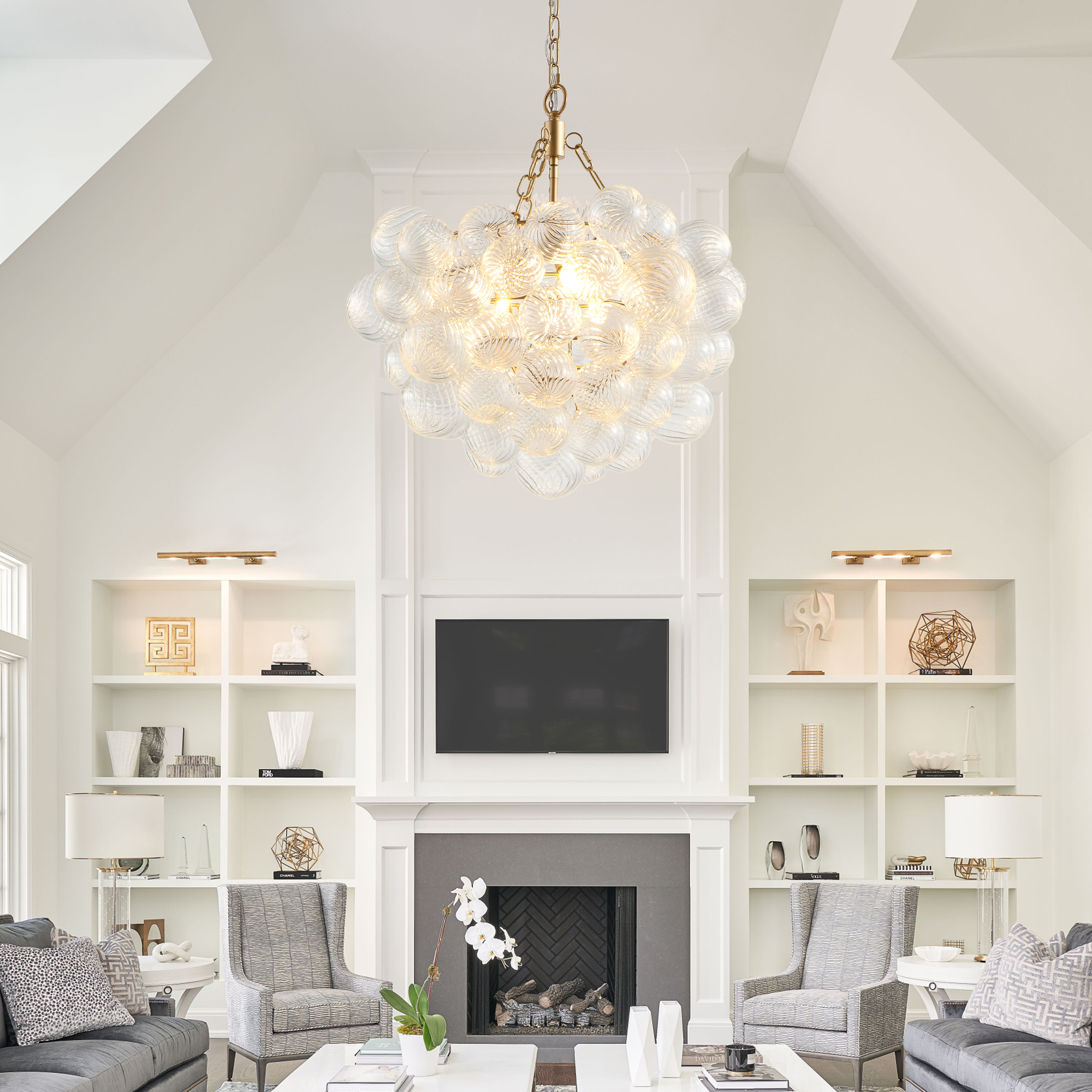 20-Inch Gold Pendant Light Chandelier with Threaded Clear Glass Globe Shade – Adjustable Height, Ideal for Living Room, Dining Room, Kitchen (No Bulbs)