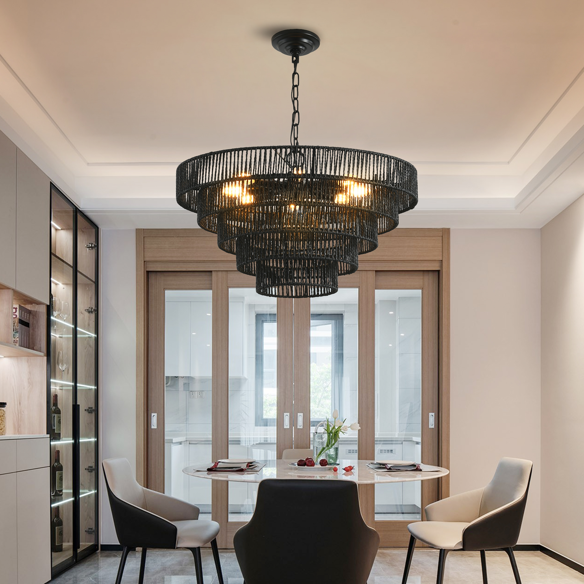 24" Rustic 5-Tier Black Hemp Rope Pendant Light Chandelier with 8 E12 Sockets, Boho Farmhouse Ceiling Fixture for Dining Room, Kitchen, or Entryway (Bulb Not Included)