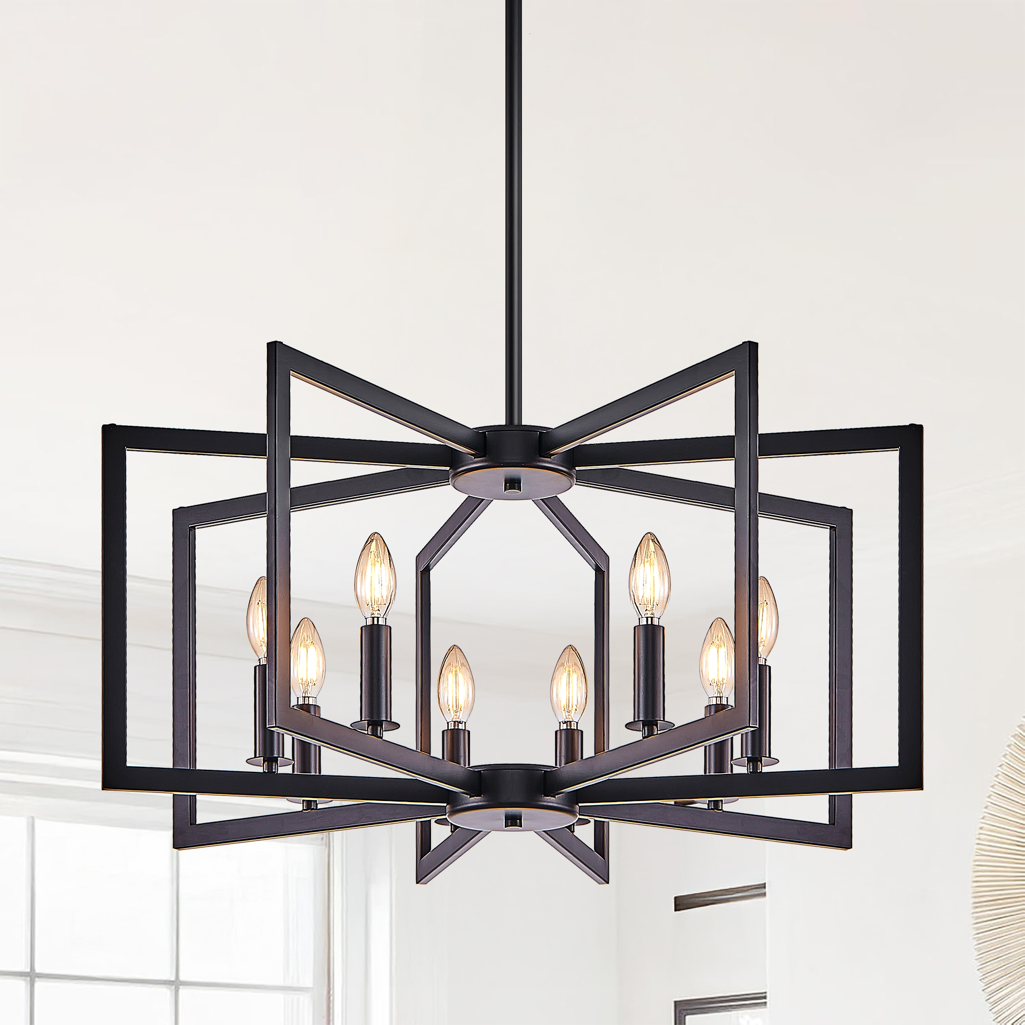 27" Modern Black Geometric 8-Light Chandelier – Industrial Metal Pendant Light Fixture for Living Room, Dining Room, or Kitchen (Bulb Not Included)