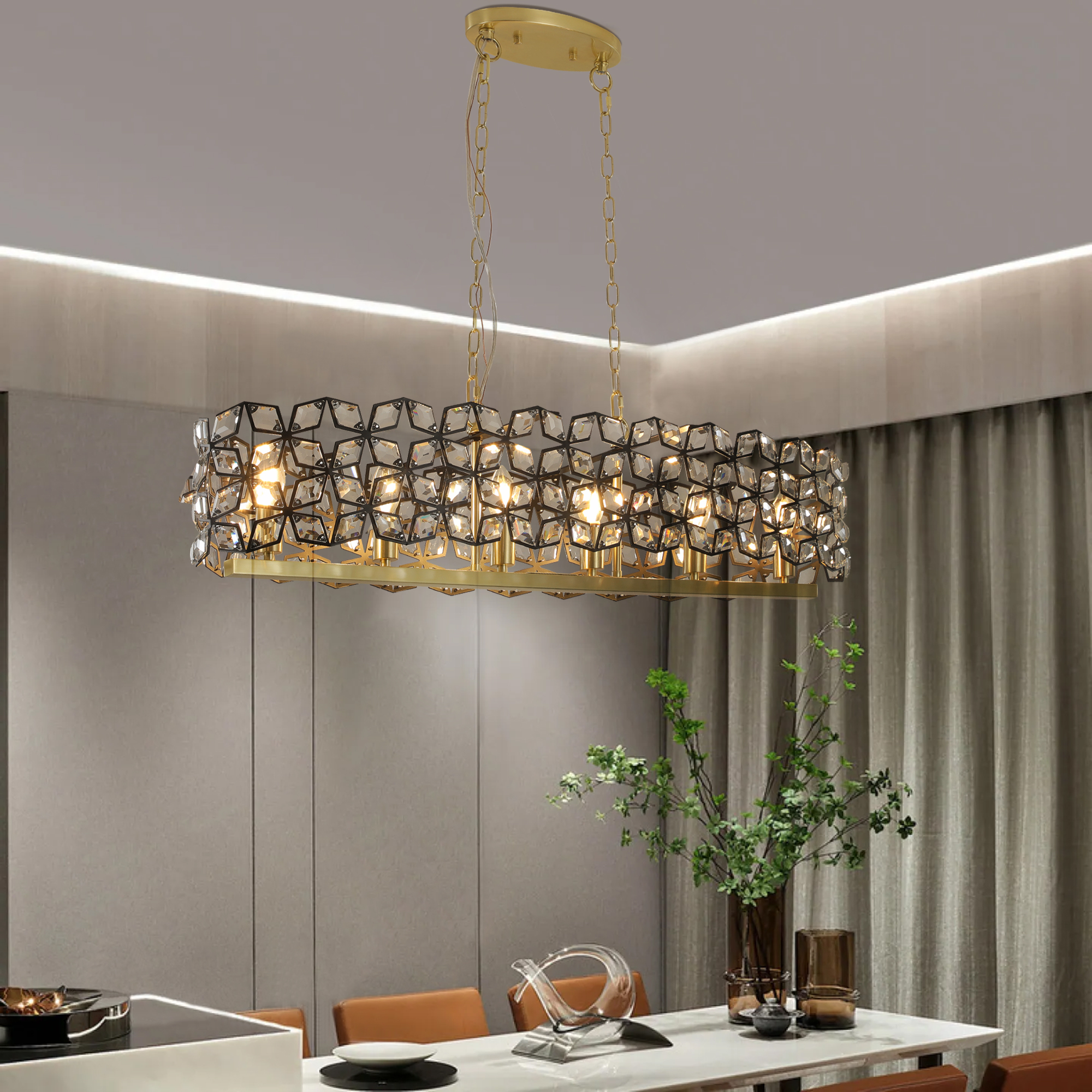 39" Contemporary Crystal and BlackGold Pendant Chandelier – Geometric Modern Light Fixture for Dining Room, Kitchen, or Living Room (Bulb Not Included)