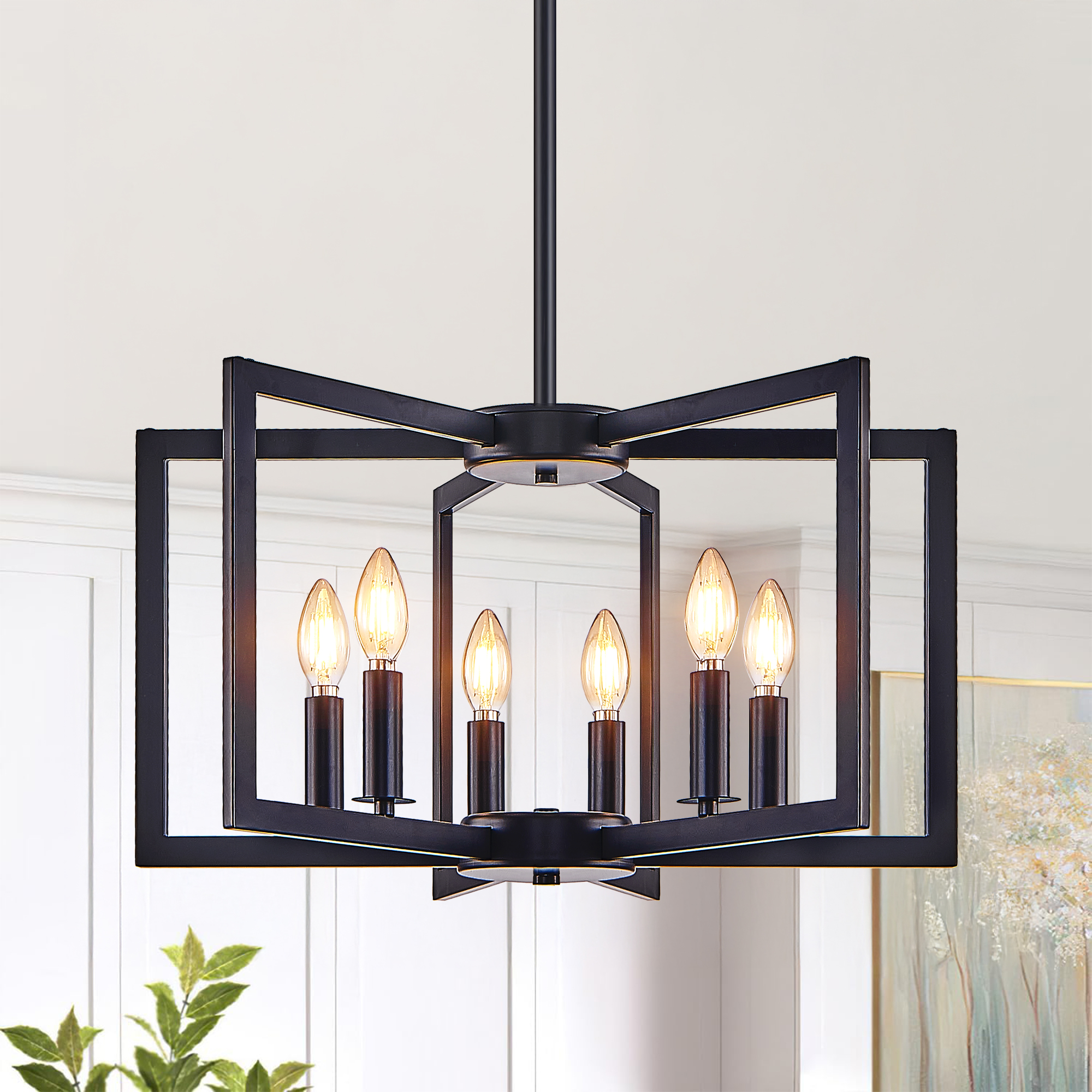 22" Modern Black Geometric 6-Light Chandelier – Industrial Metal Pendant Light Fixture for Living Room, Dining Room, or Kitchen (Bulb Not Included)