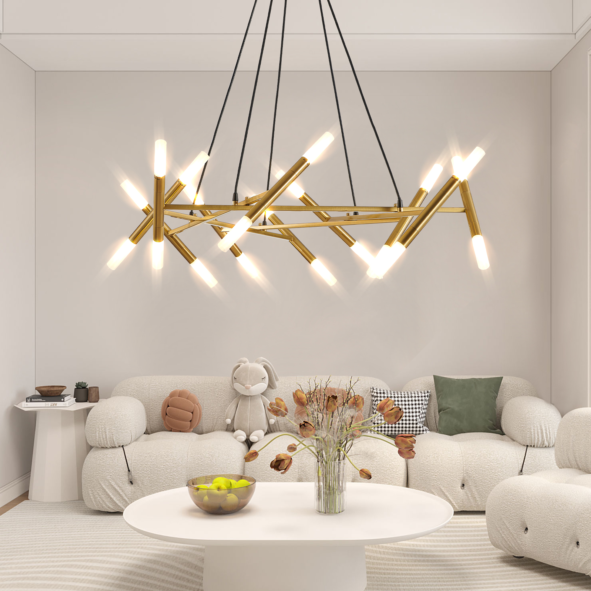 41" Golden Modern Chandelier Light Fixture, Branch Design with Frosted Tubes, Black Cords, Adjustable Height Pendant Light for Dining Room, Living Room, or Kitchen Island (Bulb Not Included)