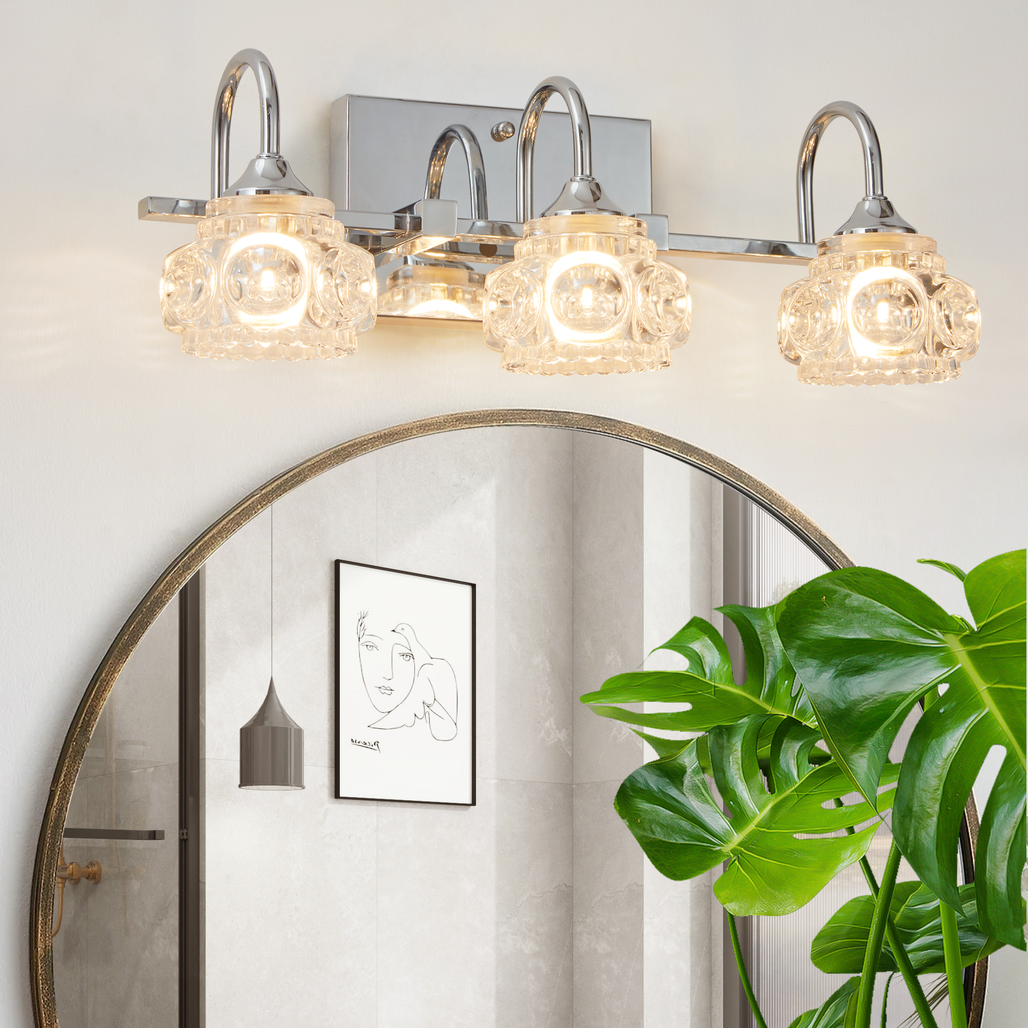 17" Nickel Finish Vintage Crystal Glass Vanity Light - Elegant 3-Light Bathroom Mirror Fixture with Clear Glass Shades (No Bulbs)