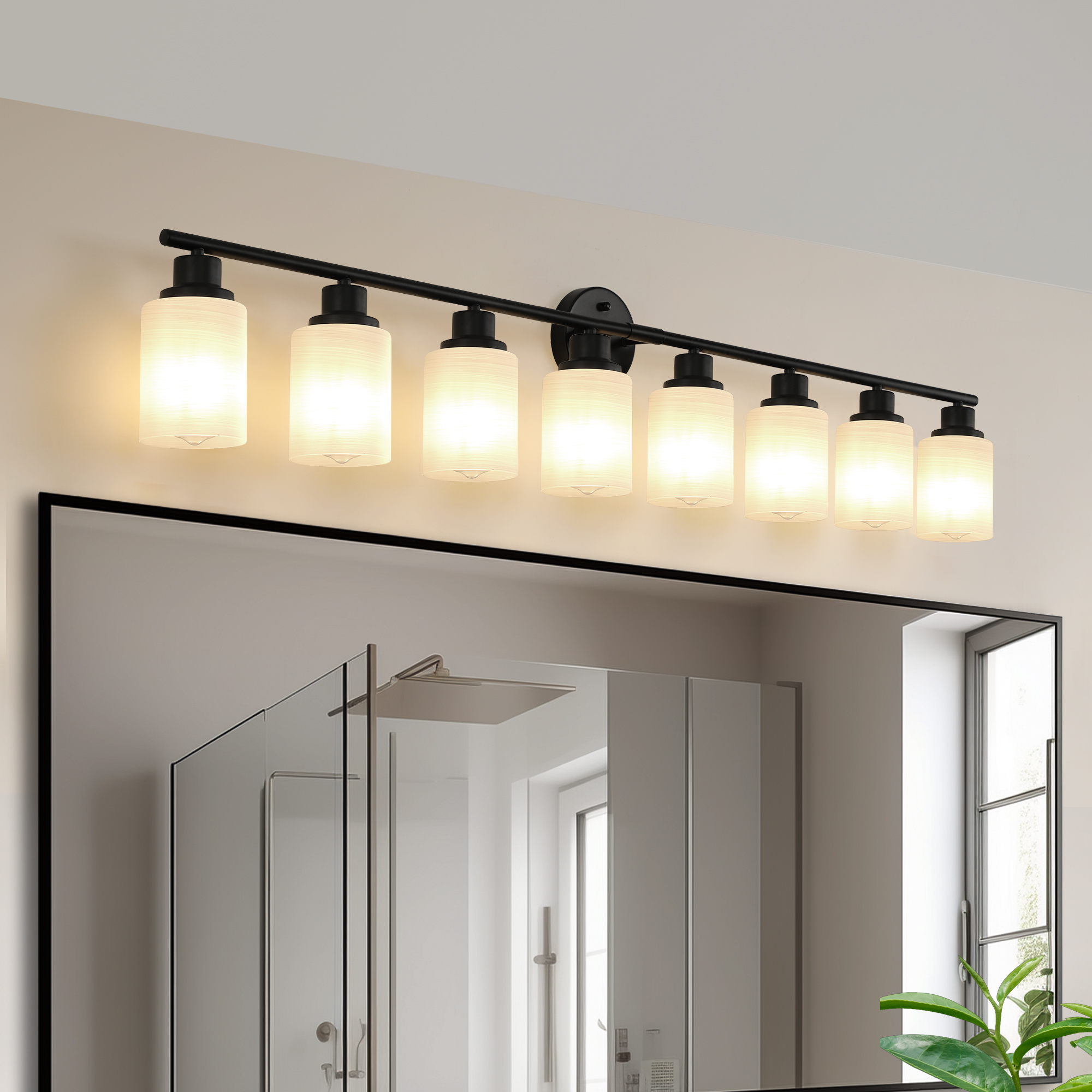 52" Modern 8-Light Vanity Bathroom Mirror Light, Frosted White Glass with Black Iron Frame, Contemporary Wall Sconce for Bedroom, Bathroom, and Dressing Room (Bulb Not Included)