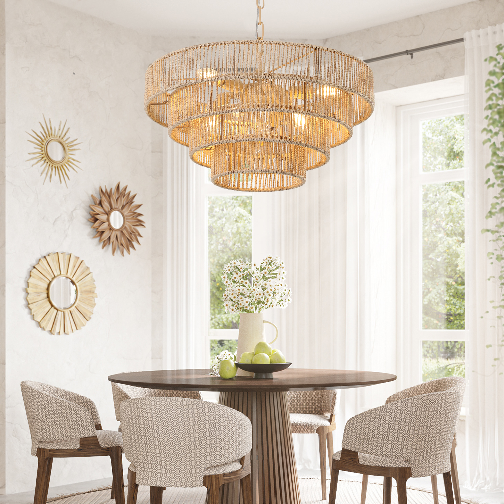 (Same as W1340P155976/L1019-4) 20" Modern 4-Layer Woven Hemp Rope Chandelier, Boho Style Pendant Light, Elegant Hanging Light Fixture for Living Room, Dining Room, Bedroom (No Bulbs)
