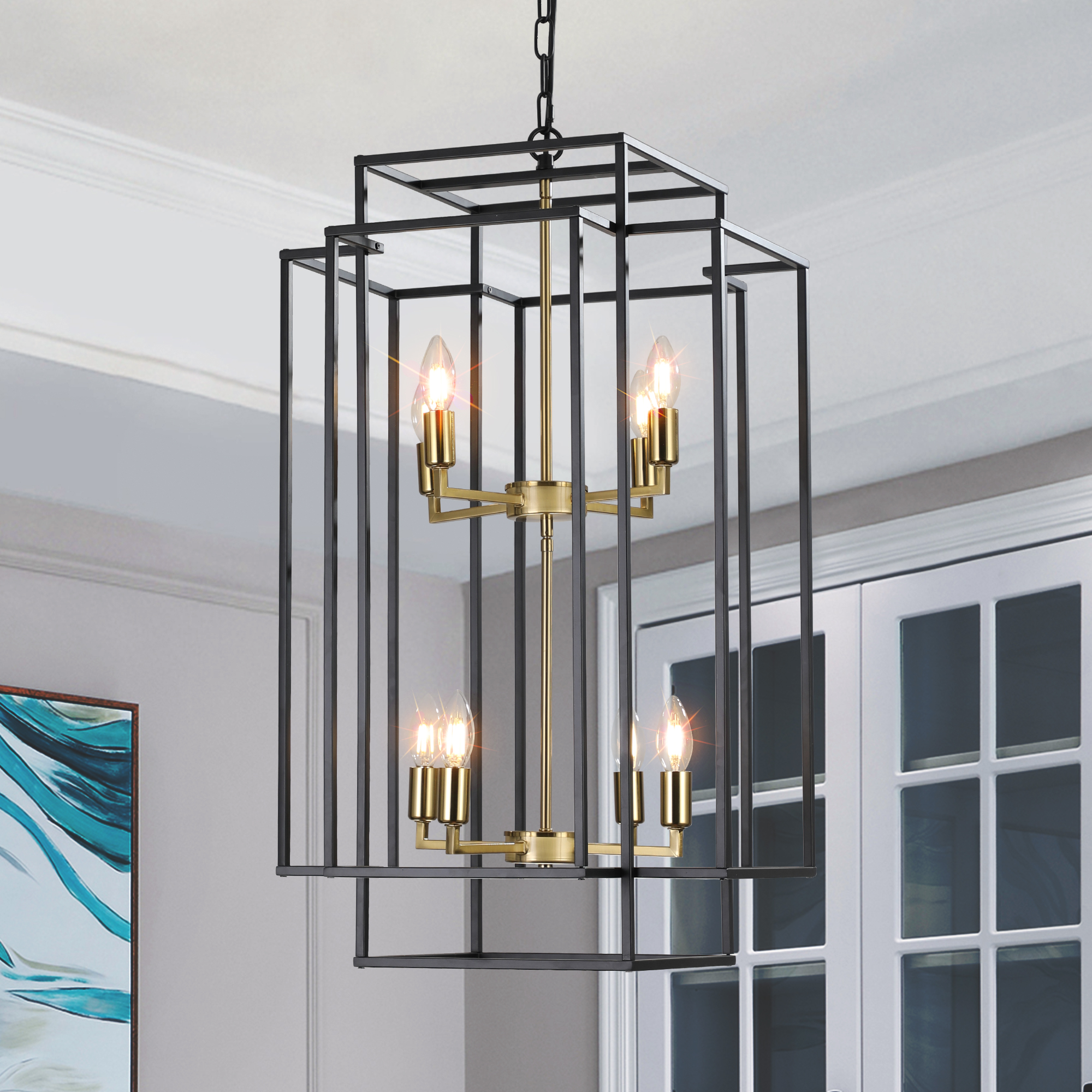 (Same as W1340142524/L1018-G) 18" Modern 8-Light Black Gold Geometric Pendant Chandelier, Industrial Metal Frame, Adjustable Hanging Light for Living Room, Dining Room, Kitchen (No Bulbs)