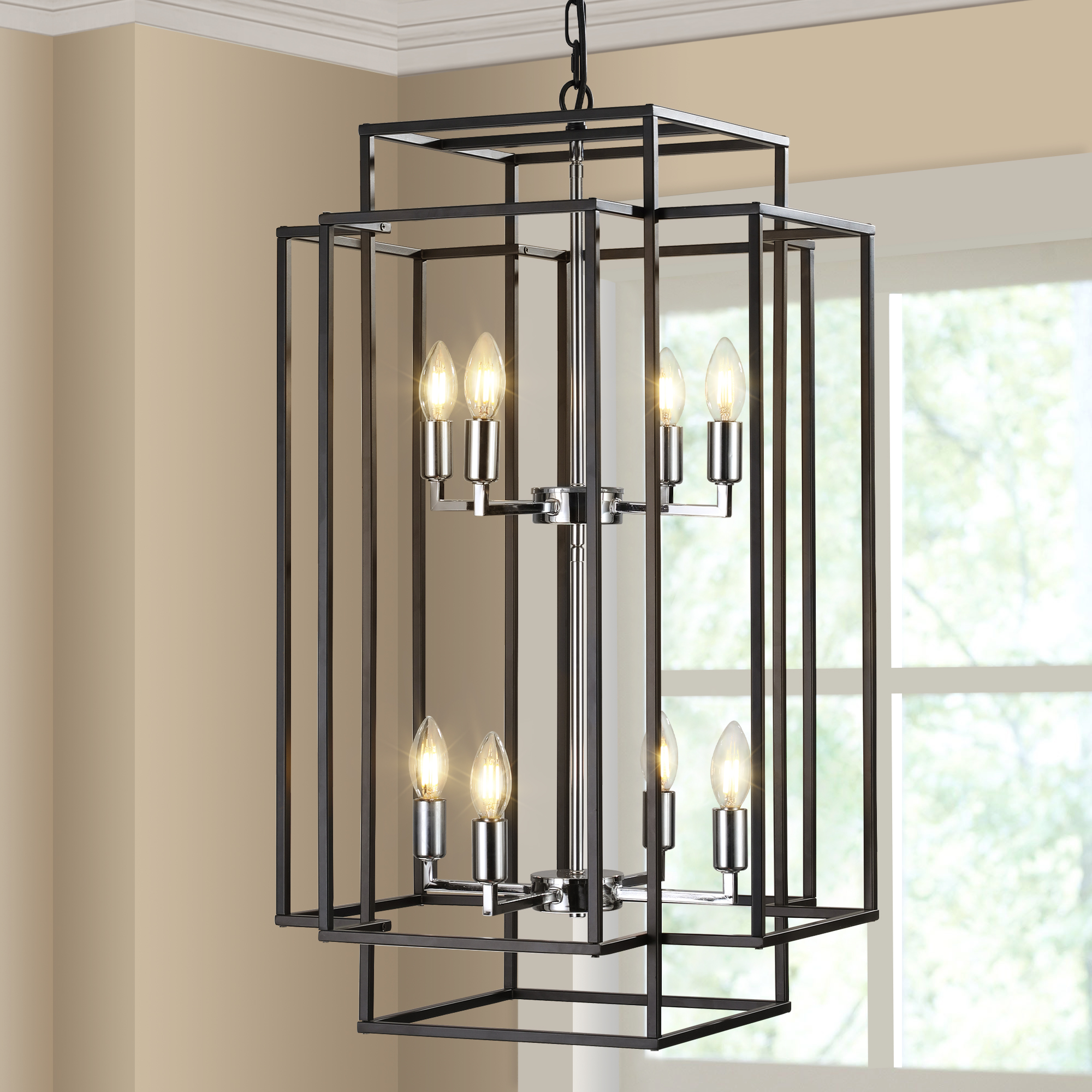 (Same as W1340142525/L1018-C) 18" Modern 8-Light Black & Chrome Geometric Pendant Chandelier, Industrial Metal Frame, Adjustable Hanging Light for Living Room, Dining Room, Kitchen (No Bulbs)