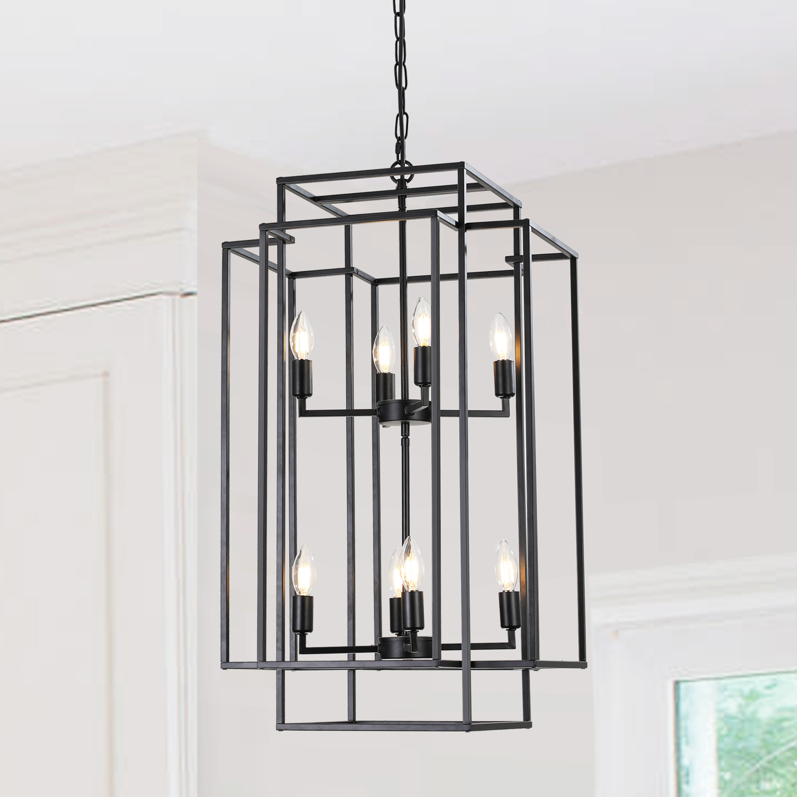 (Same as W1340142527/L1018-B) 18" Modern 8-Light Black Geometric Pendant Chandelier, Industrial Metal Frame, Adjustable Hanging Light for Living Room, Dining Room, Kitchen (No Bulbs)
