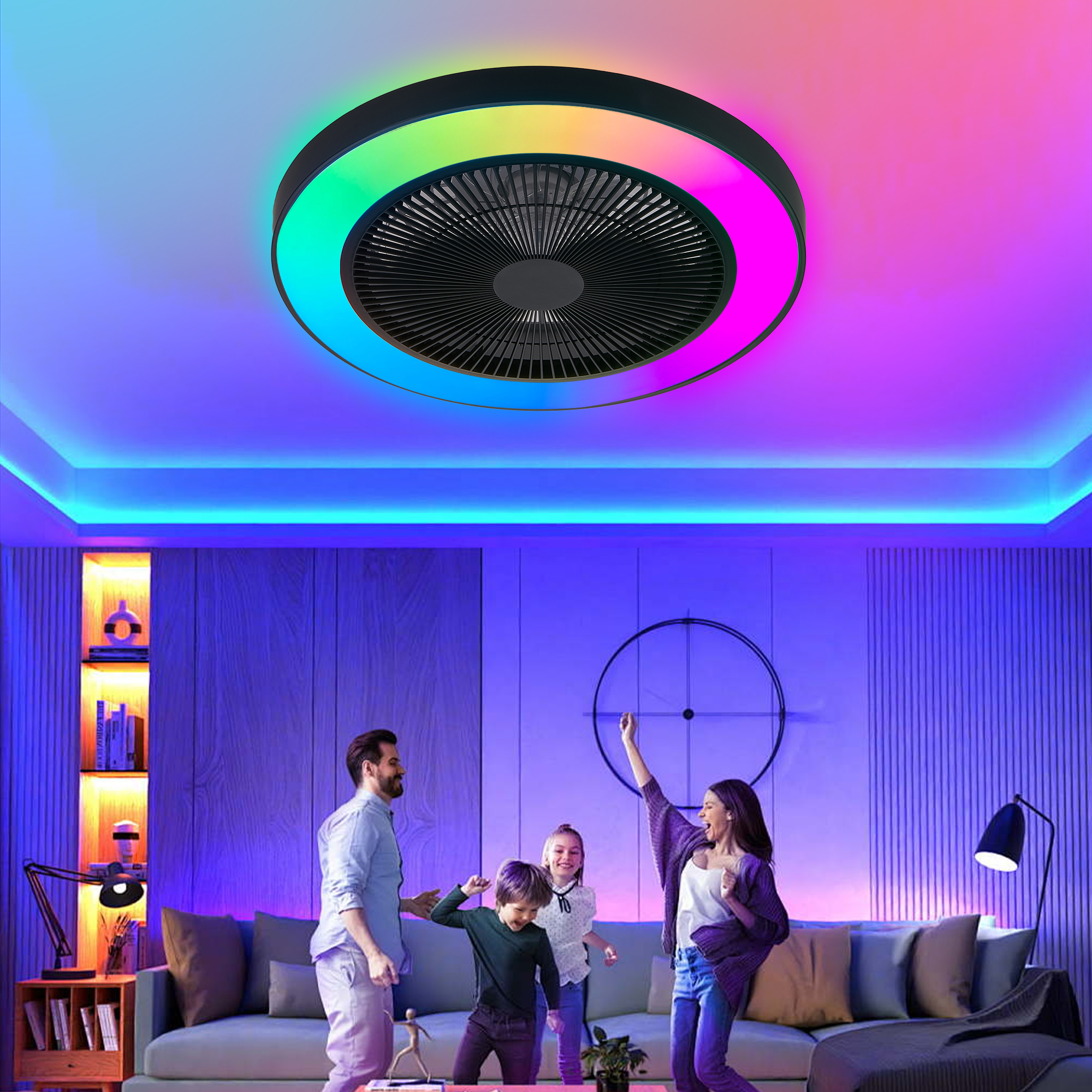 19-inch Black Ceiling Fan Light with LED RGB – Dimmable & Color-Changing, APP & Remote Control, Modern Smart Ceiling Fan for Living Room, Bedroom, and Dining Room (Silent/6-Speed/Reversible/DC Motor)