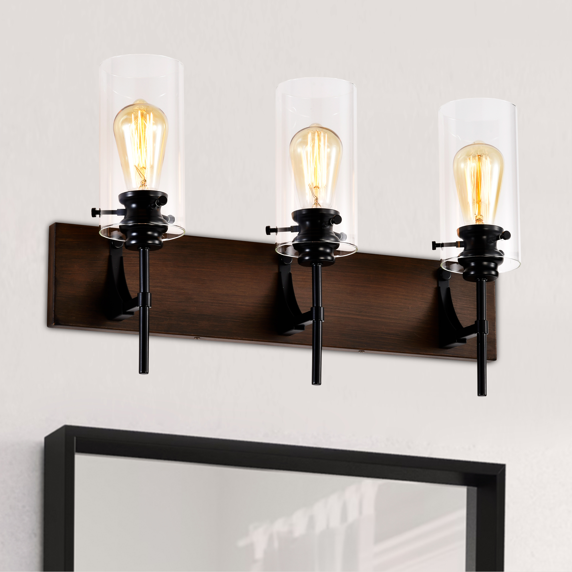 3-Light Matte Black + Wood Color Bathroom Light Fixtures, Modern Vanity Lights with Glass Shade, Vintage Light Fixture Bathroom Over Mirror Wall Lights for Kitchen Dinning Room Bedroom Hallway