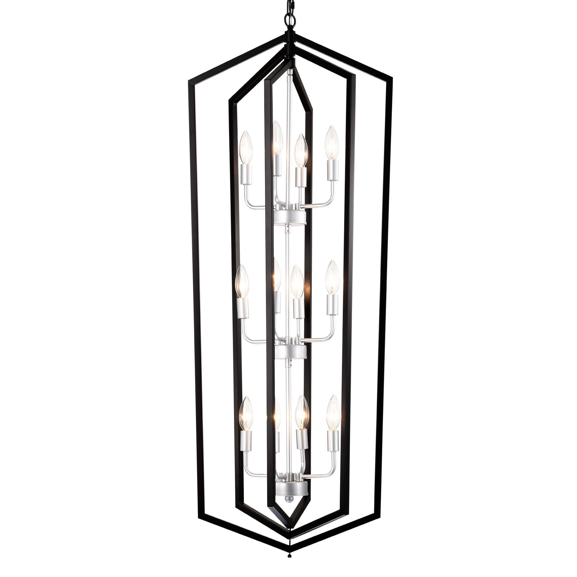 12-Light  Farmhouse Kitchen Chandeliers, Matte Black and Sliver Vintage Rustic Cage Light Fixture Adjustable Height  Chandeliers for Dining Room Hallway Foyer Entryway(E12 Bulbs Not Included)