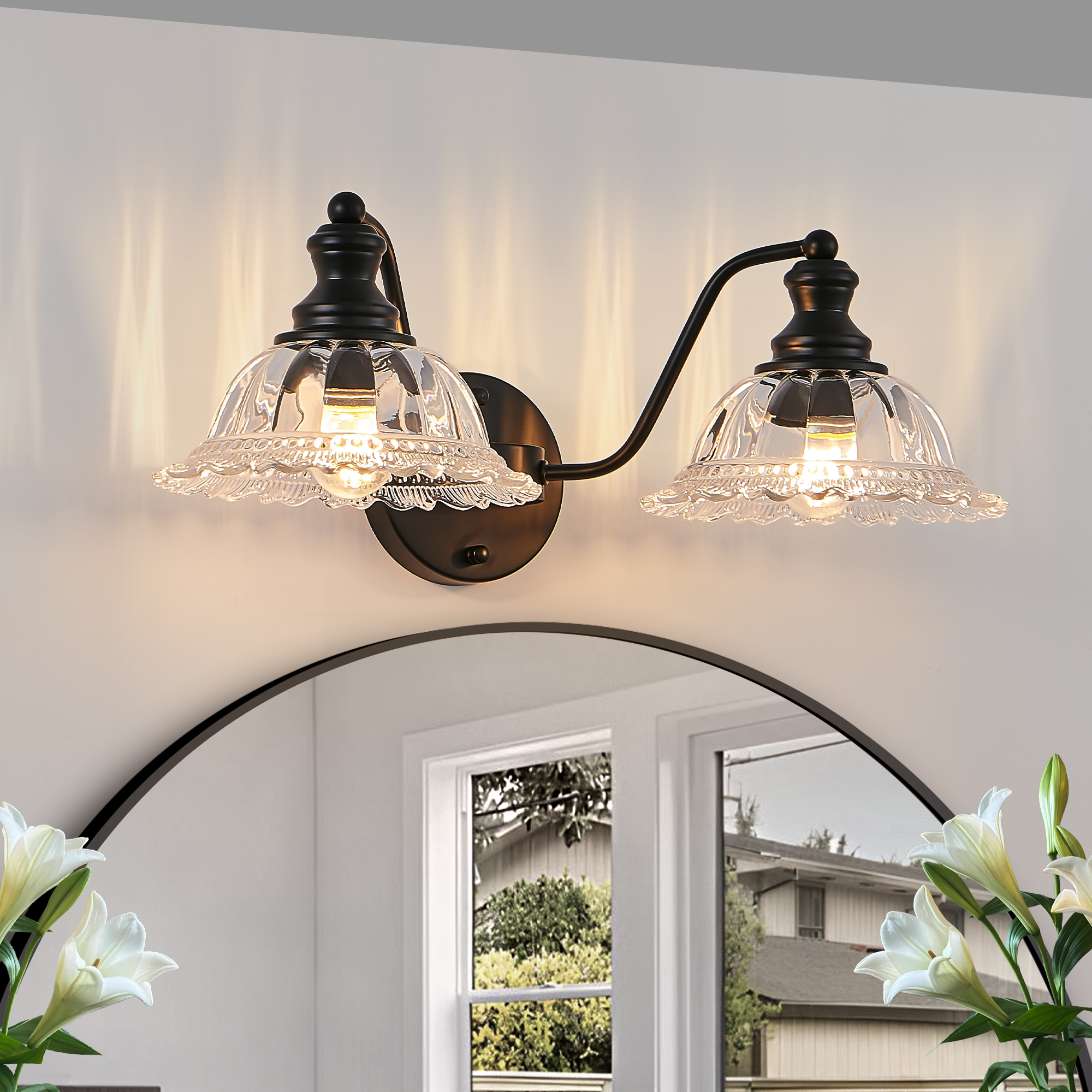 20 Inch 2-Light Vintage Bathroom Wall Sconce – Elegant Black Metal and Glass Lampshade Vanity Light Fixture for Bathroom, Hallway, or Bedroom (Bulb Not Included)
