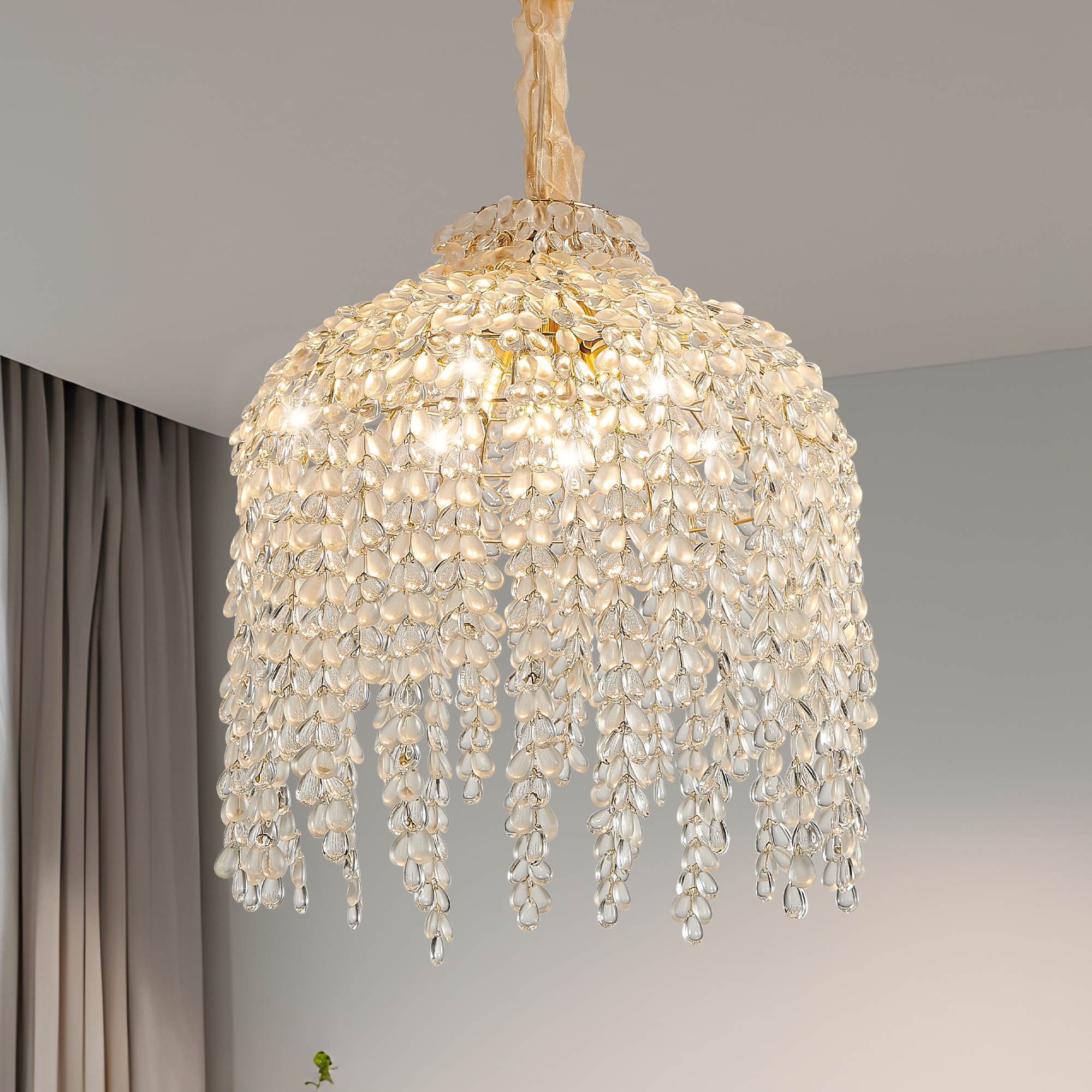 16 Inch 5-Light Crystal Pendant Light Chandelier– Elegant Waterfall Design with Grape-Shaped Crystal Bead Strings and Gold Finish for Living Room, Bedroom, or Dining Area (Bulb Not Included)