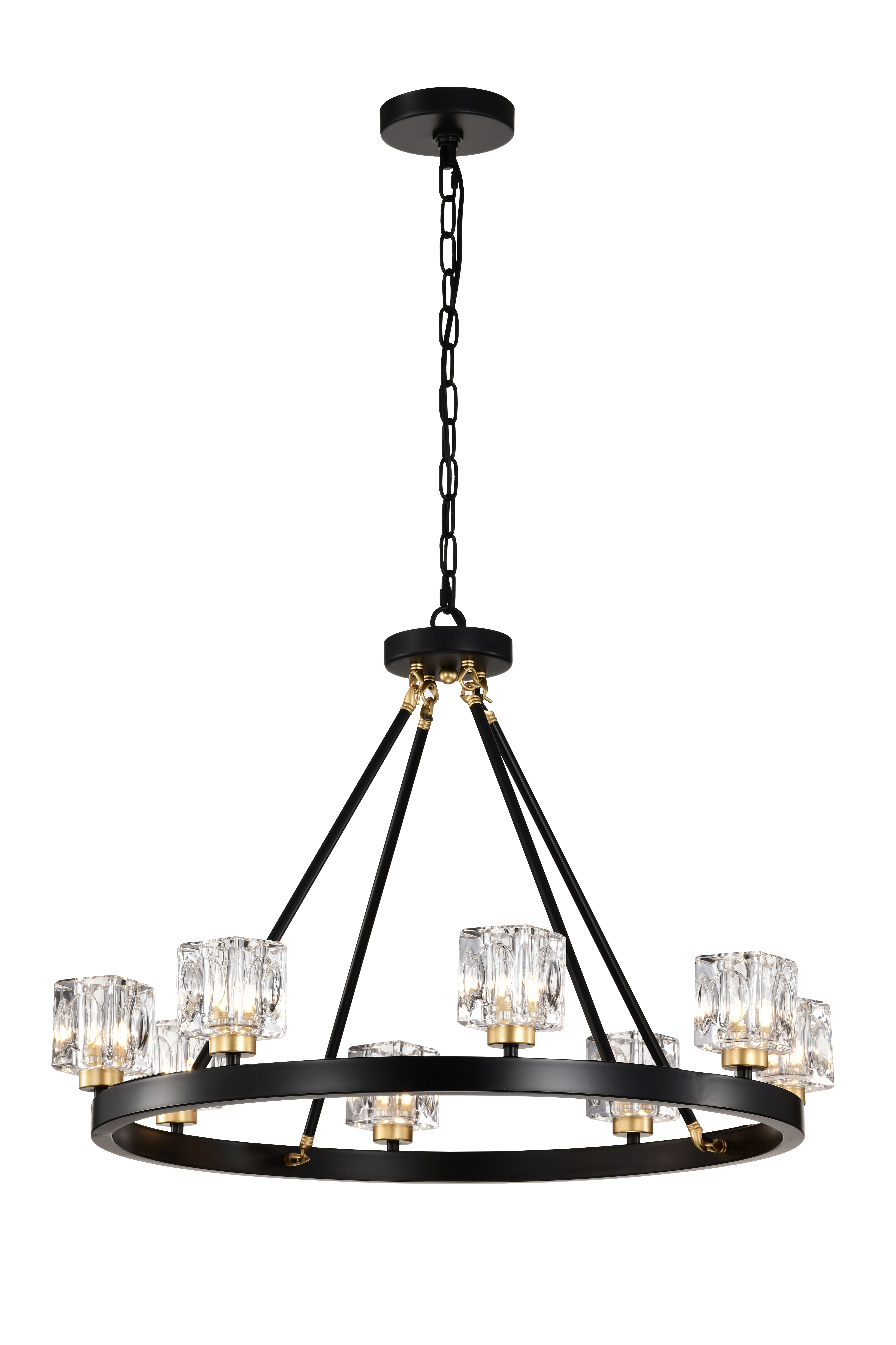 Matte Black + Gold Wagon Wheel Chandelier Farmhouse Modern Small Crystal Round Chandelier for Living Room Kitchen Island Foyer Hallway Entryway Bedroom Rustic Dining Room Light Fixture Ceiling Hanging