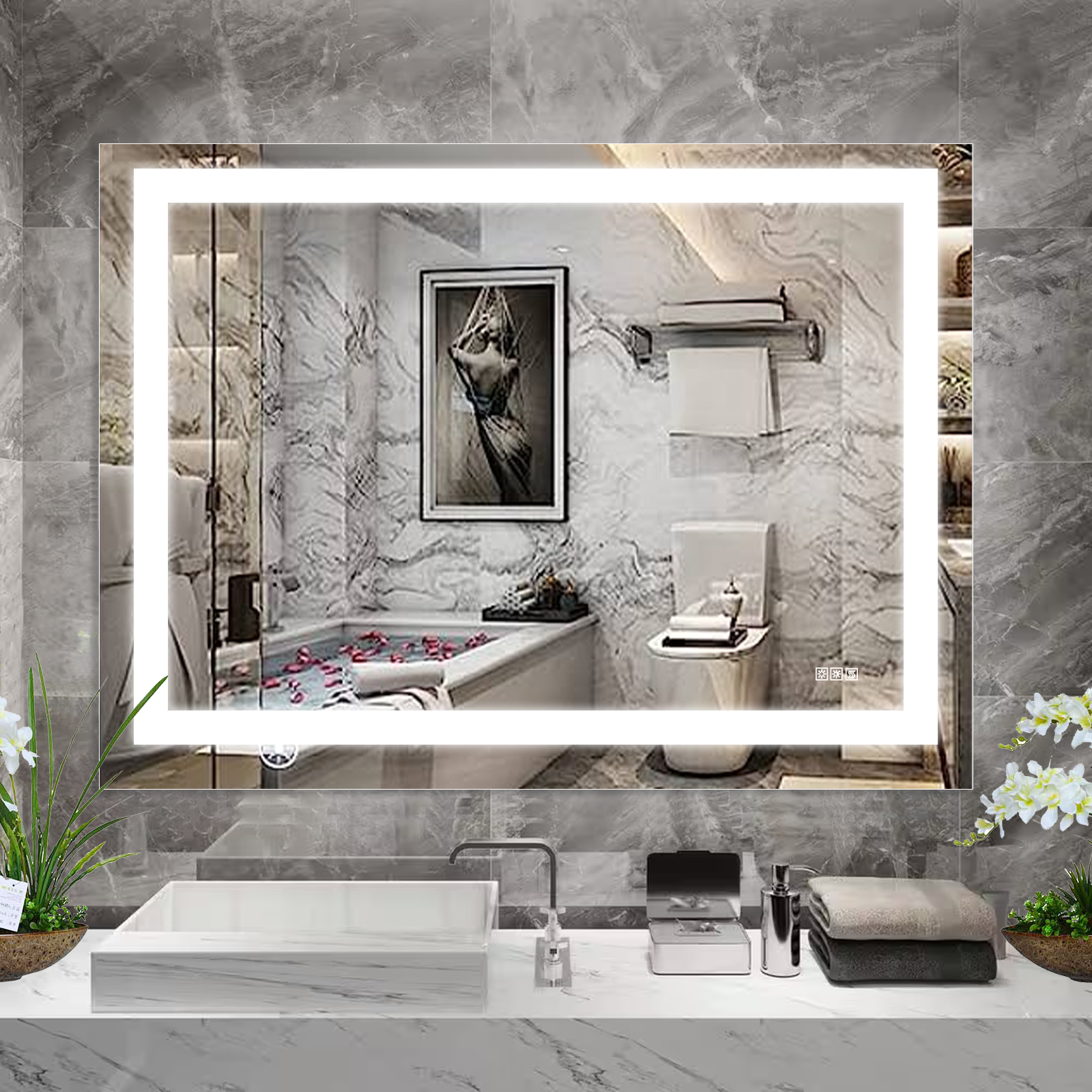 48" x 36" LED Bathroom Mirror with Anti-Fog and Touch Sensor – Modern Frameless Lighted Wall Mirror for Bathroom Vanity, Shower Room, or Dressing Area