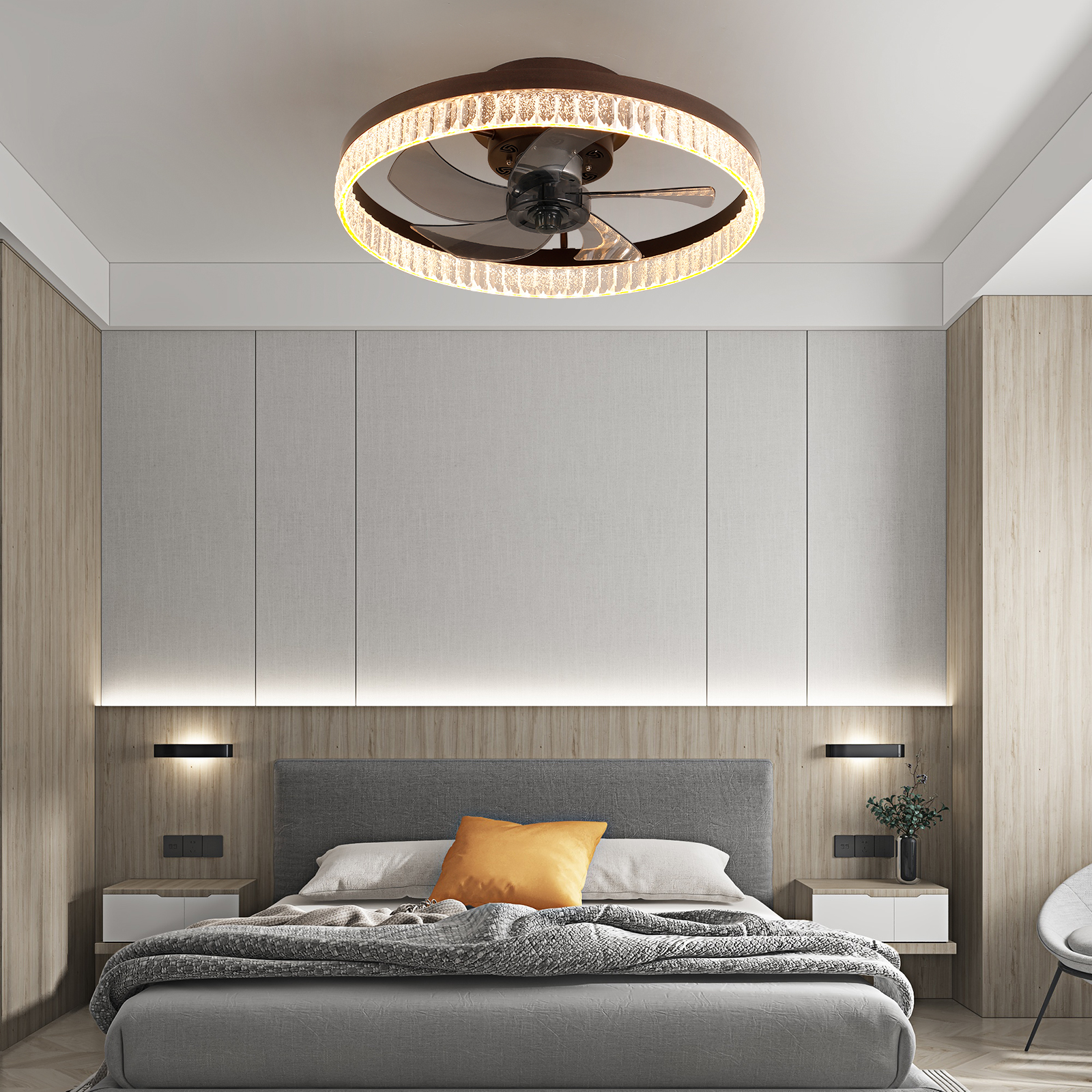 20" Brown Ceiling Fan with LED Light – Modern Flush Mount Fan Light for Bedroom, Living Room, and Home Décor with Crystal Ring Design