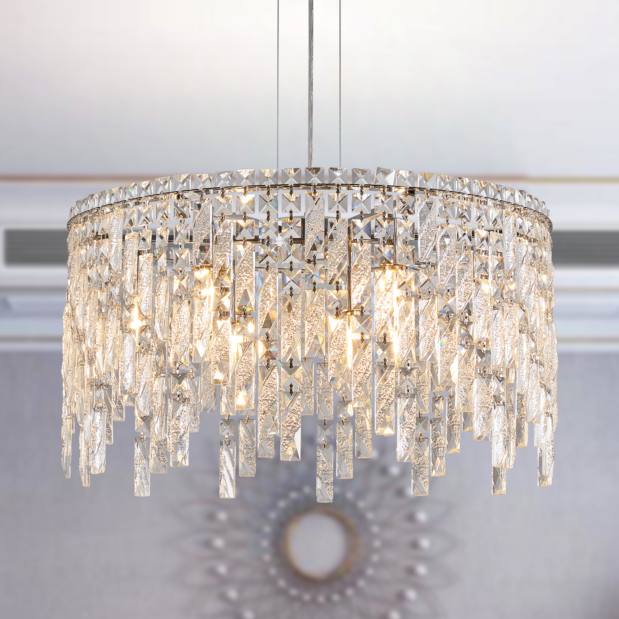 (Same as W1340P189437/L5024-600-C) 24" Luxurious Round Silver Crystal Chandelier, Contemporary Rectangular Pendant Light for Dining Room, Living Room, and Grand Foyers (Bulbs Not Included)