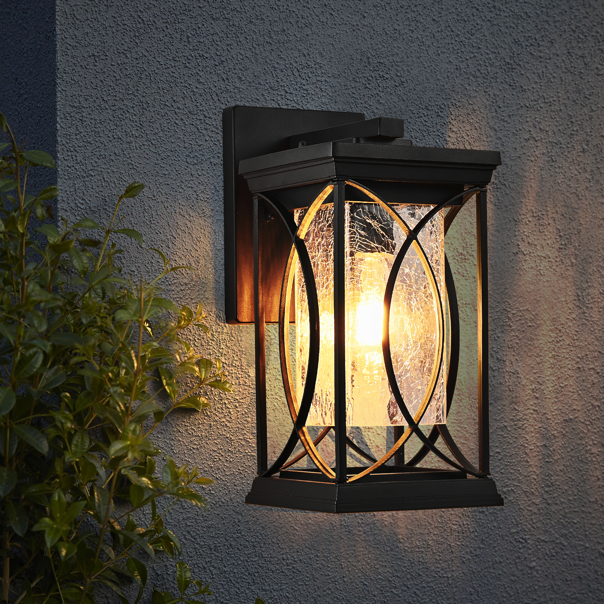 14"(H) 1-pack Black Outdoor Wall Lantern with Crackled Glass, Weather-Resistant Exterior Light Fixture for Porch, Patio, and Entryway, Modern Decorative Wall Sconce with E26 Base (Bulb Not Included)