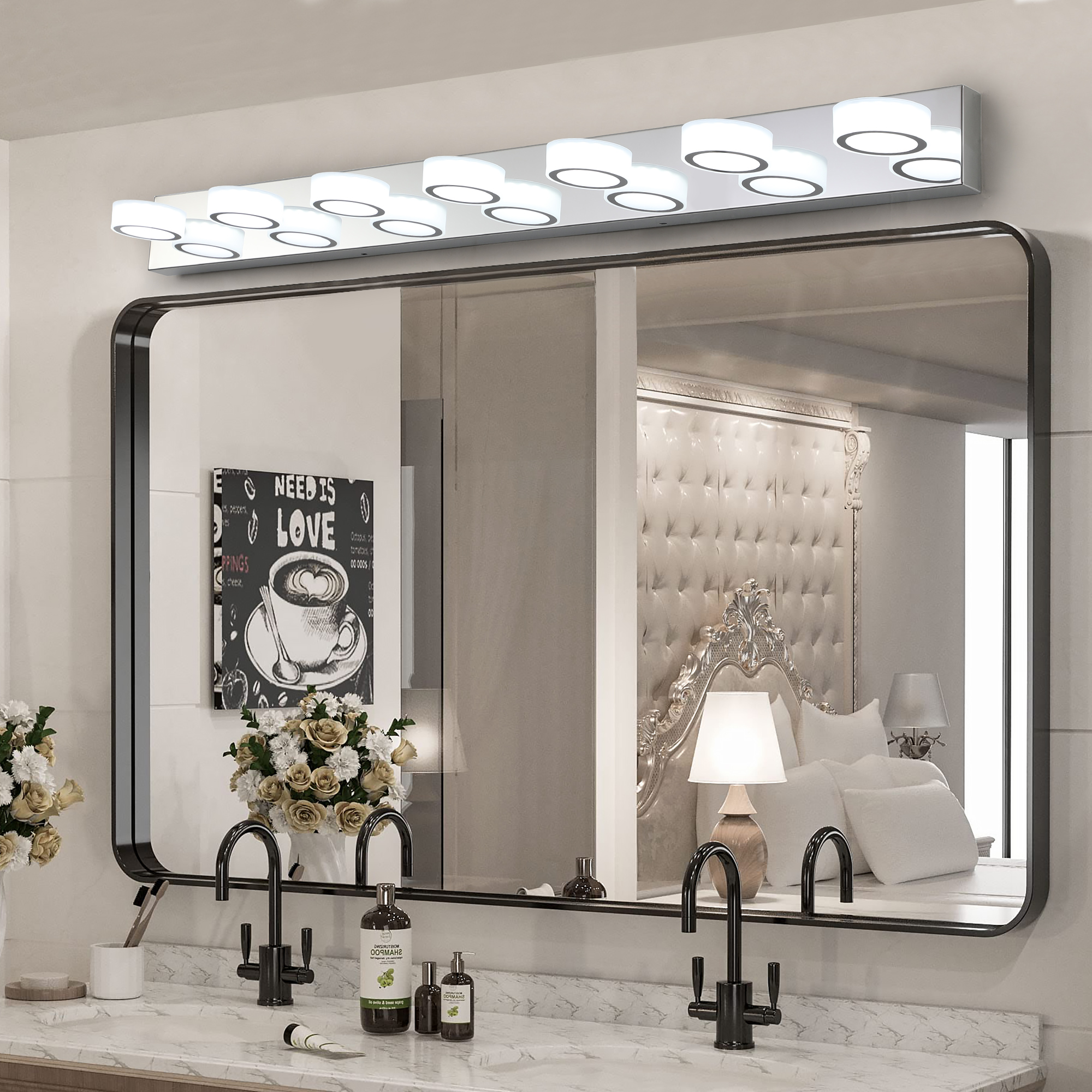 52" Modern 7-Light LED Vanity Light Fixture - Chrome Finish with Acrylic Light Shades - Energy-Efficient Bathroom Wall Sconce - Dimmable for Mirror, Shower, and Bathroom Decor