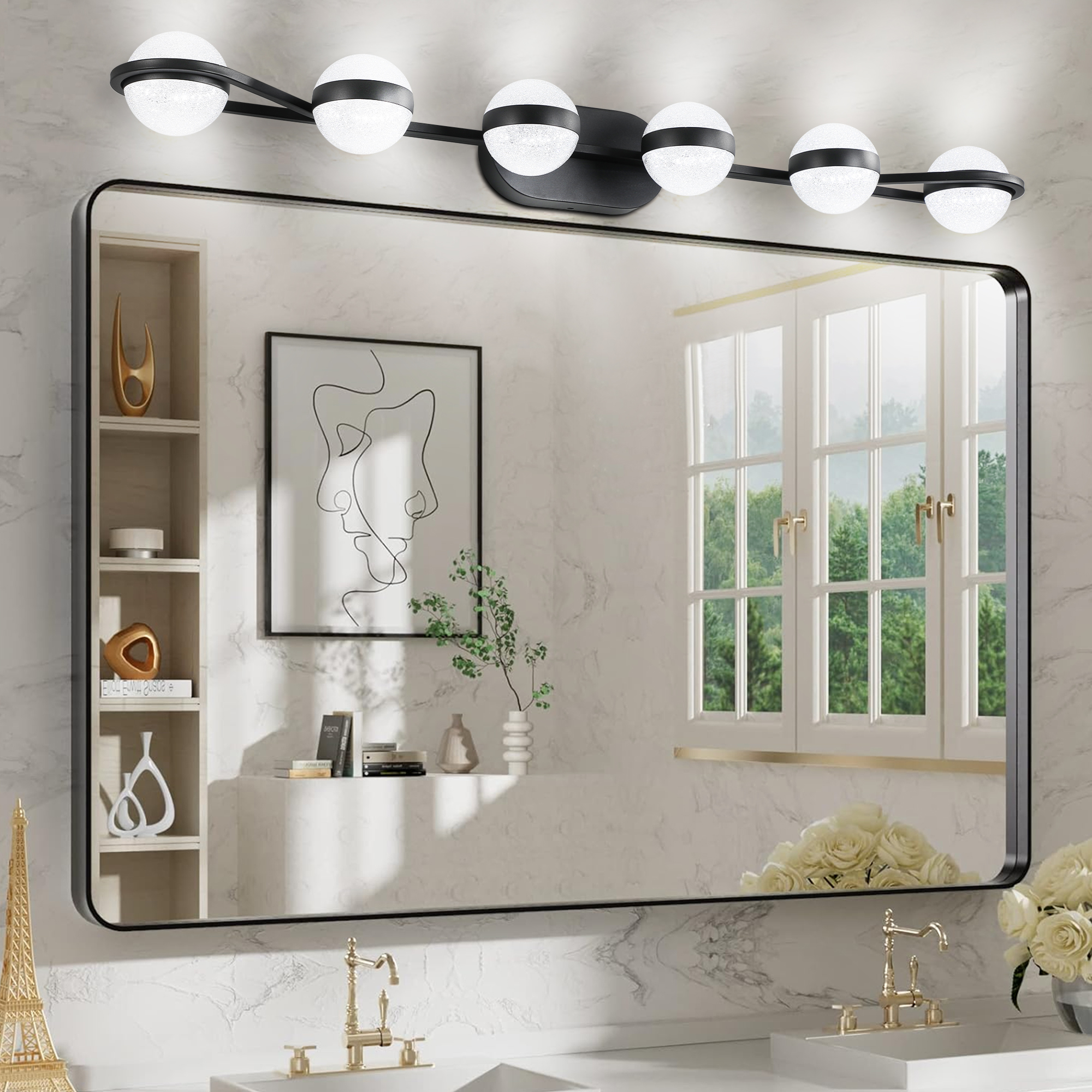 (Same as W1340P143680/LL2001-B-6) 43" Black Minimalist LED Bathroom Vanity Light with Crystal Sand Acrylic Shades,6-Light Wall Mounted Decorative Lighting Fixture, Suitable for Bathroom Vanity Mirror
