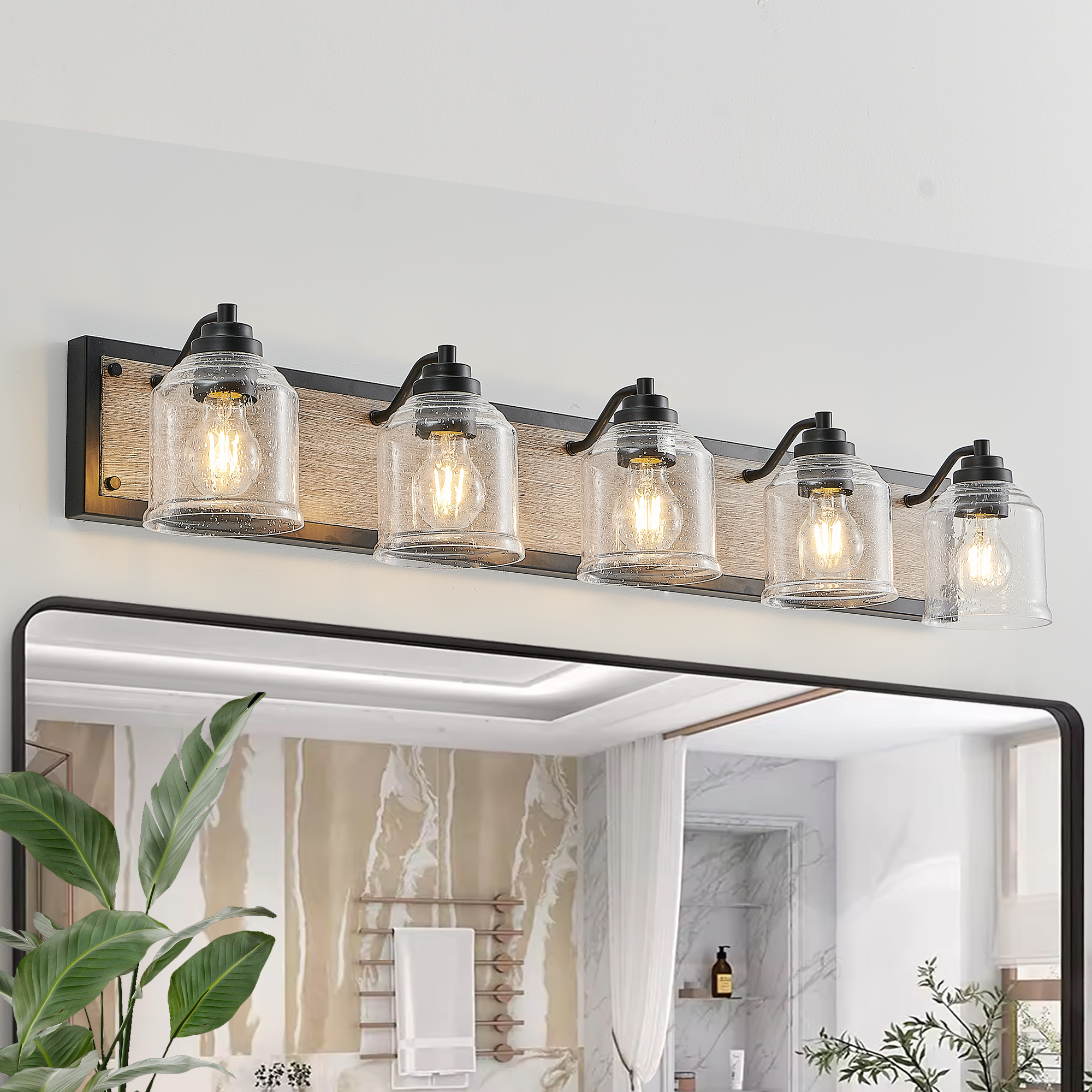 40" Farmhouse Vanity Light Fixture, 5-Light Bathroom Wall Sconce with Clear Seeded Glass Shades, Black and Wood Grain Finish, Modern Industrial Design for Bathroom or Powder Room (No Bulbs)