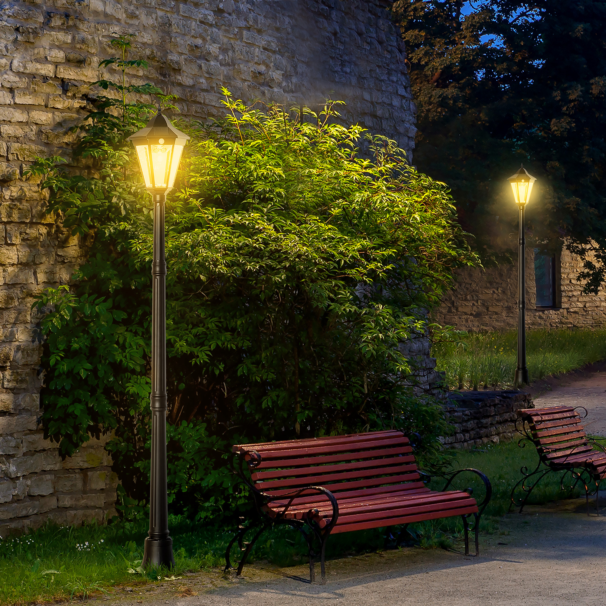 Outsunny 77" Solar Lamp Post Light, Waterproof Aluminum Outdoor Vintage Street Lamp, Motion Activated Sensor PIR, Adjustable Brightness, for Garden, Lawn, Pathway, Driveway, Black