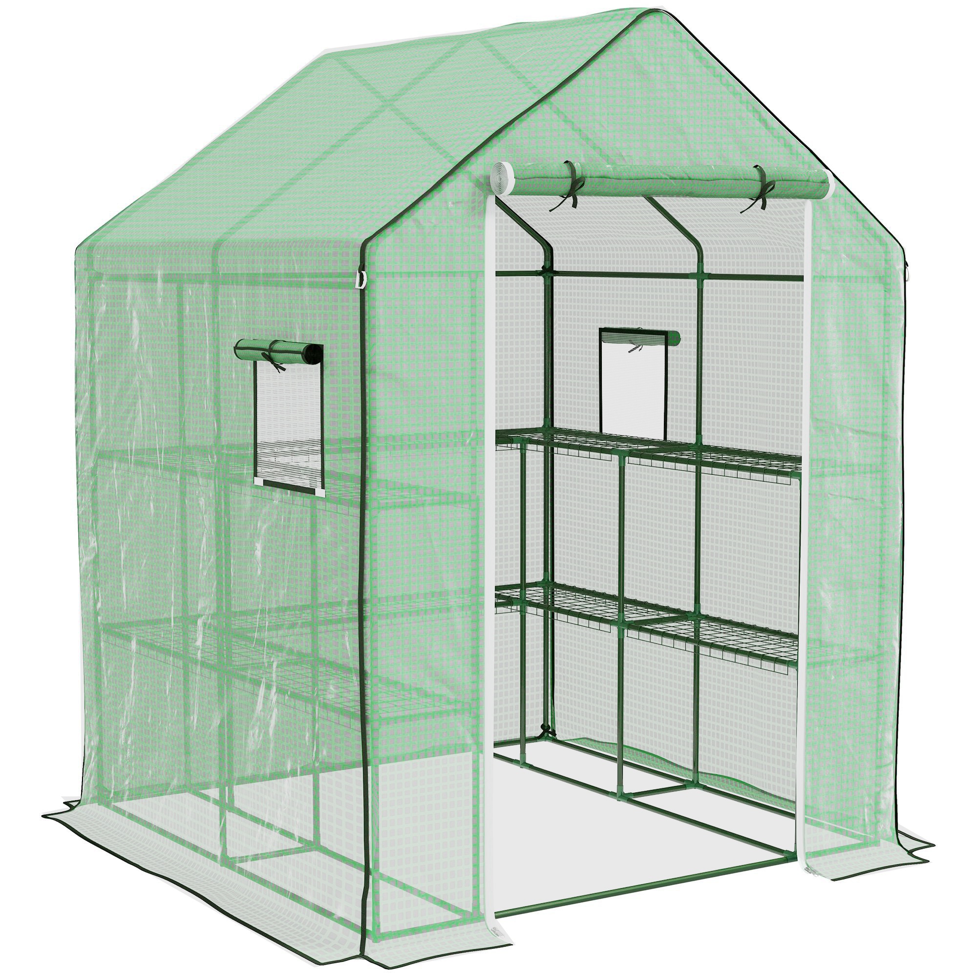 Outsunny 4.6' x 4.7' Portable Greenhouse, Water/UV Resistant Walk-In Small Outdoor Greenhouse with 2 Tier U-Shaped Flower Rack Shelves, Roll Up Door & Windows, Green