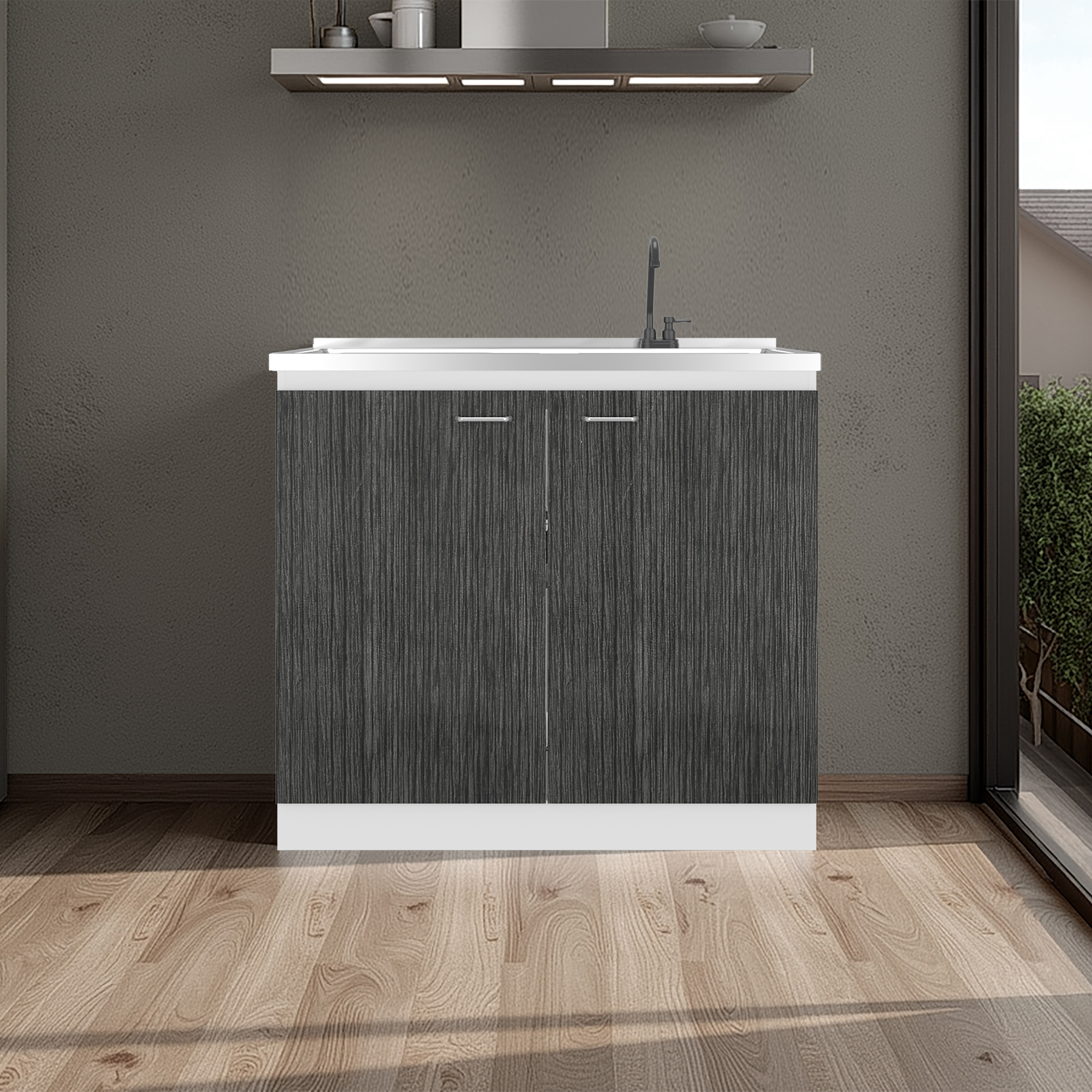 Napoles Utility Sink with Faucet Inclued and Integrated Stainless Steel Counter top, Freestanding cabinet with two doors, Metal Handles and Two interior shelves, Gray+White