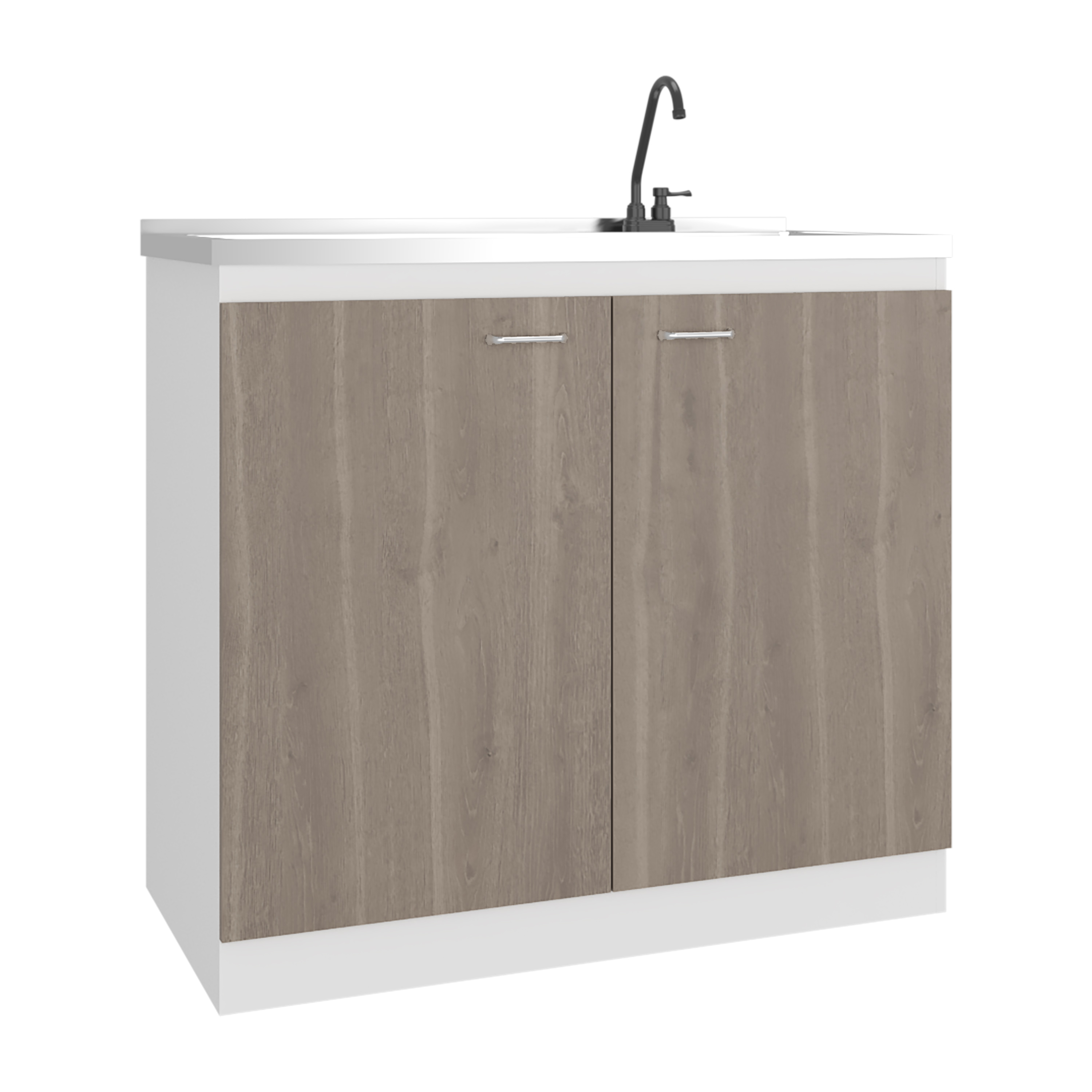 Napoles Utility Sink with Faucet Inclued and Integrated Stainless Steel Counter top, Freestanding cabinet with two doors, Metal Handles and Two interior shelves, Light Espresso