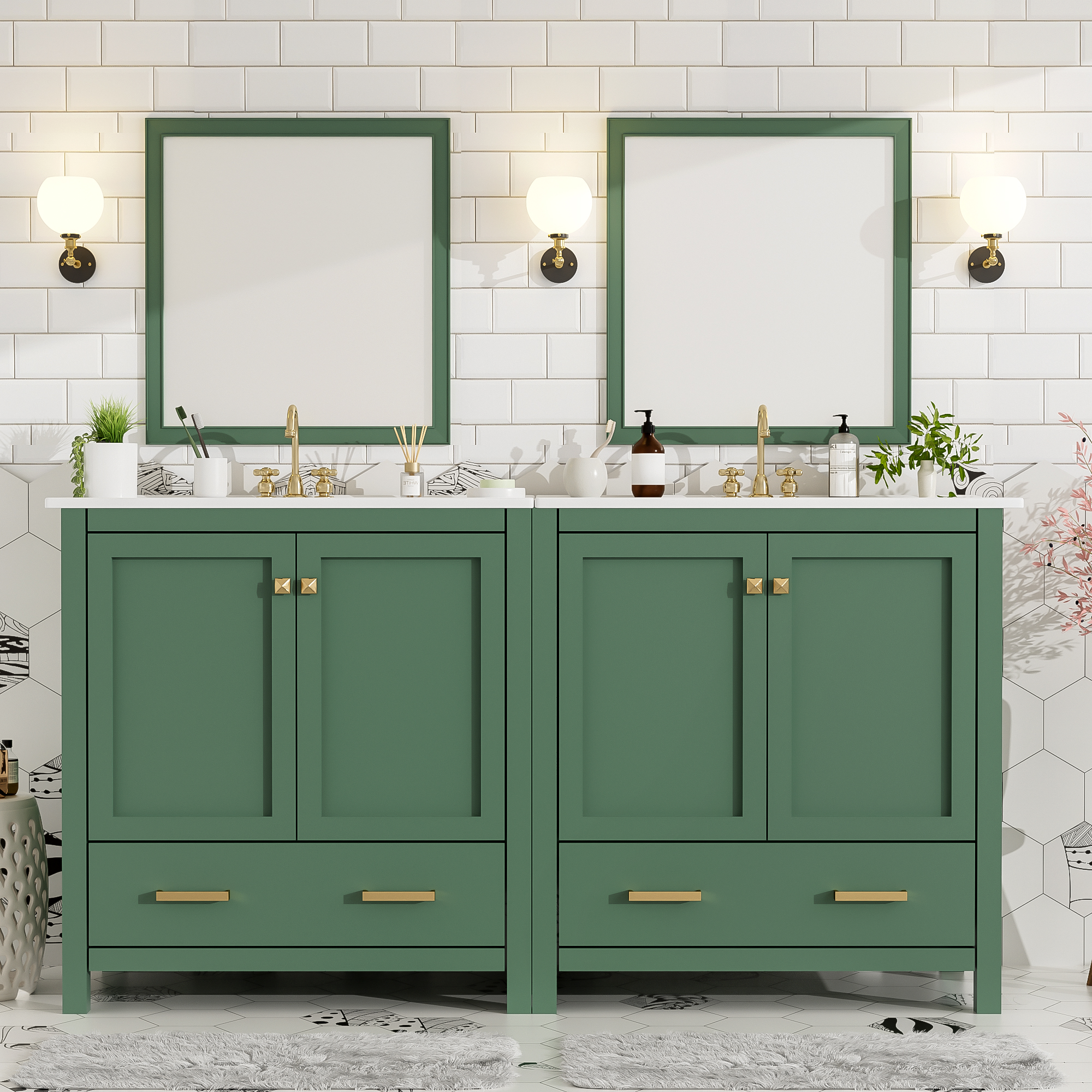 60" Green Bathroom Vanity Set with Double Vanities (Separate), Double Ceramic Sinks, Storage Shelf, and Divided Drawers  (Mirror not included)– Modern Bathroom Solution for Spacious Bathrooms